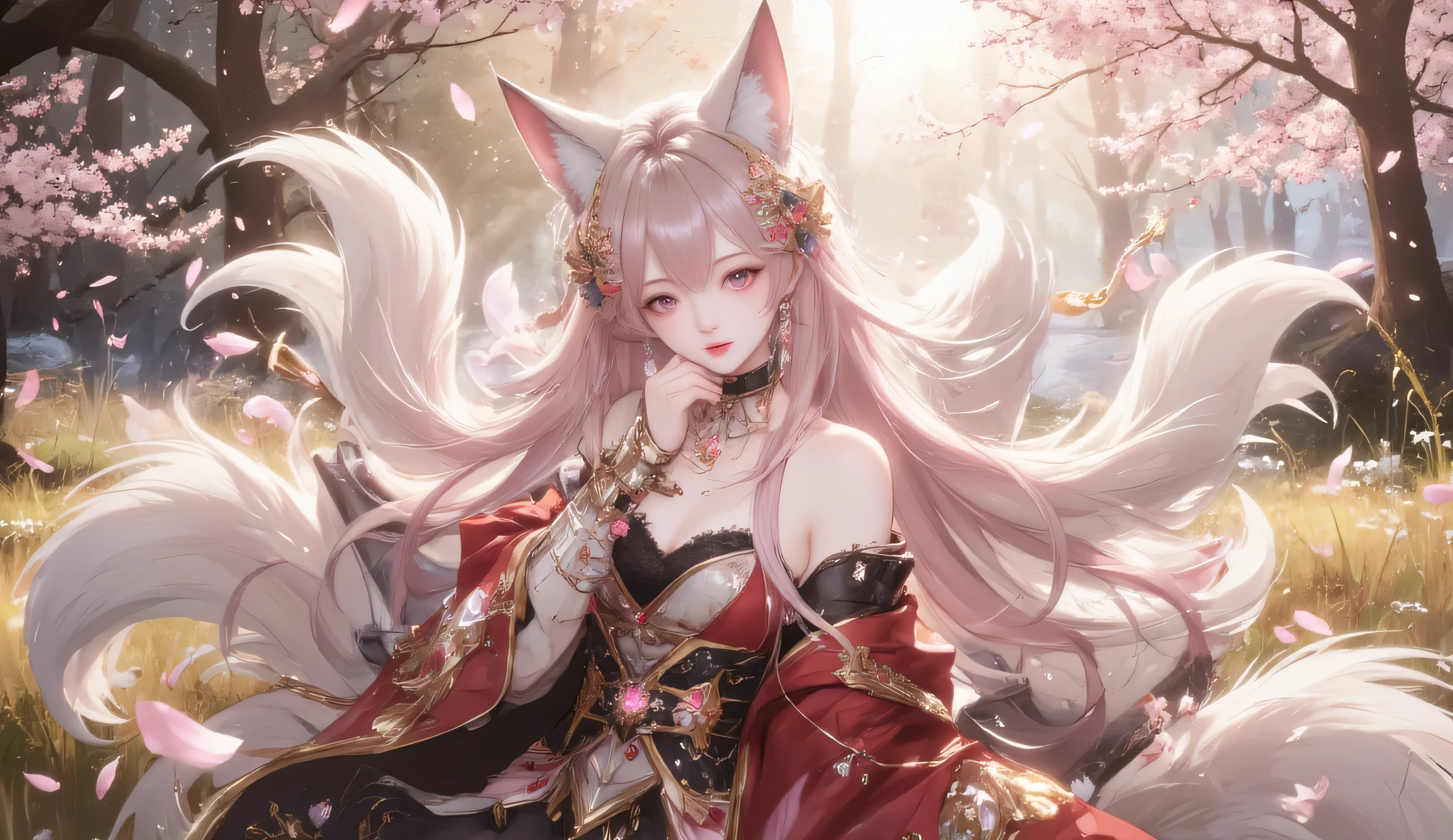 A stunning full-body illustration of an enchanting fox spirit (kitsune) with long, flowing pink hair that cascades elegantly down her back. Her piercing, soft pink eyes exude a mysterious yet alluring charm, framed by delicate fox-like markings on her cheeks. Large, fluffy fox ears adorned with intricate metallic ornaments rise gracefully from her head, complementing the ethereal beauty of her nine voluminous, silken tails that swirl behind her, shimmering with a soft glow. She is dressed in an elegant yet seductive outfit blending traditional Japanese and fantasy aesthetics. A flowing, semi-transparent kimono-style robe in shades of crimson and soft rose drapes over her shoulders, billowing gently in the wind. The robe is cinched at the waist with a delicate sash, revealing a black lace-trimmed bodice that accentuates her slender and curvaceous figure. Her arms are adorned with metallic, intricately designed golden armor pieces, encrusted with glowing pink gemstones that pulse with arcane energy. Her pose is graceful yet commanding, one hand gently touching her chin while the other rests delicately on her hip. Her expression is serene yet captivating, as if she holds a thousand secrets. Scattered pink cherry blossom petals drift through the air, enhancing the dreamlike atmosphere. The background features a mystical forest bathed in warm, golden sunlight filtering through the canopy, casting dappled light on the soft grass below. Glowing ethereal wisps float in the distance, creating an atmosphere of magic and wonder. The entire scene is rendered with breathtaking detail, with a focus on soft lighting, dynamic movement, and an exquisite blend of anime and semi-realistic fantasy art styles. Rendered in an ultra-detailed fantasy digital painting style, with high-resolution textures, stunning color contrast, and an ethereal, dreamy ambiance.