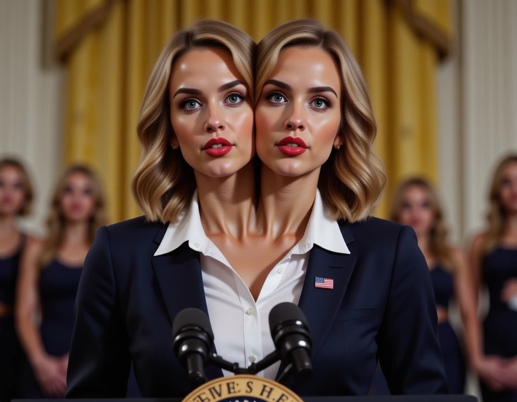 Realistic face two headed Caucasian female with blonde hair and blue ...