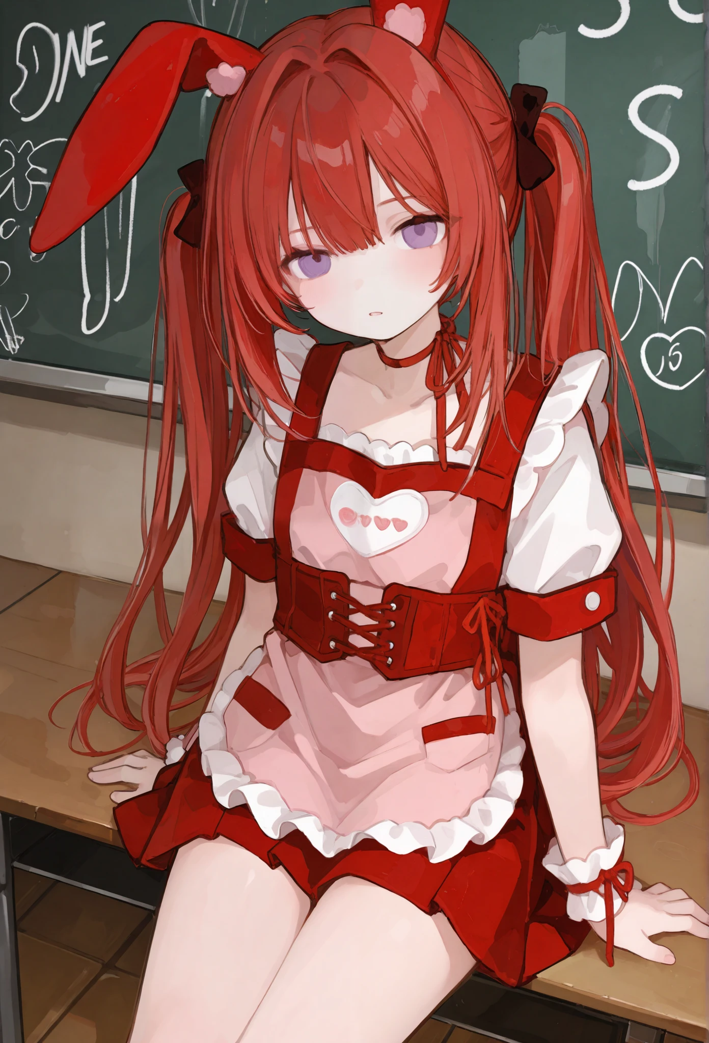 ridiculous , top quality, 1 girl, Alone, Red Hair, Purple Eyes, long hair, big, Oh Bunny, rabbit ears, Red Corset , School uniform, apron, red neck ribbon , red skirt , hair bow, Short sleeve, wrist cuff as pmaru, white thigh
