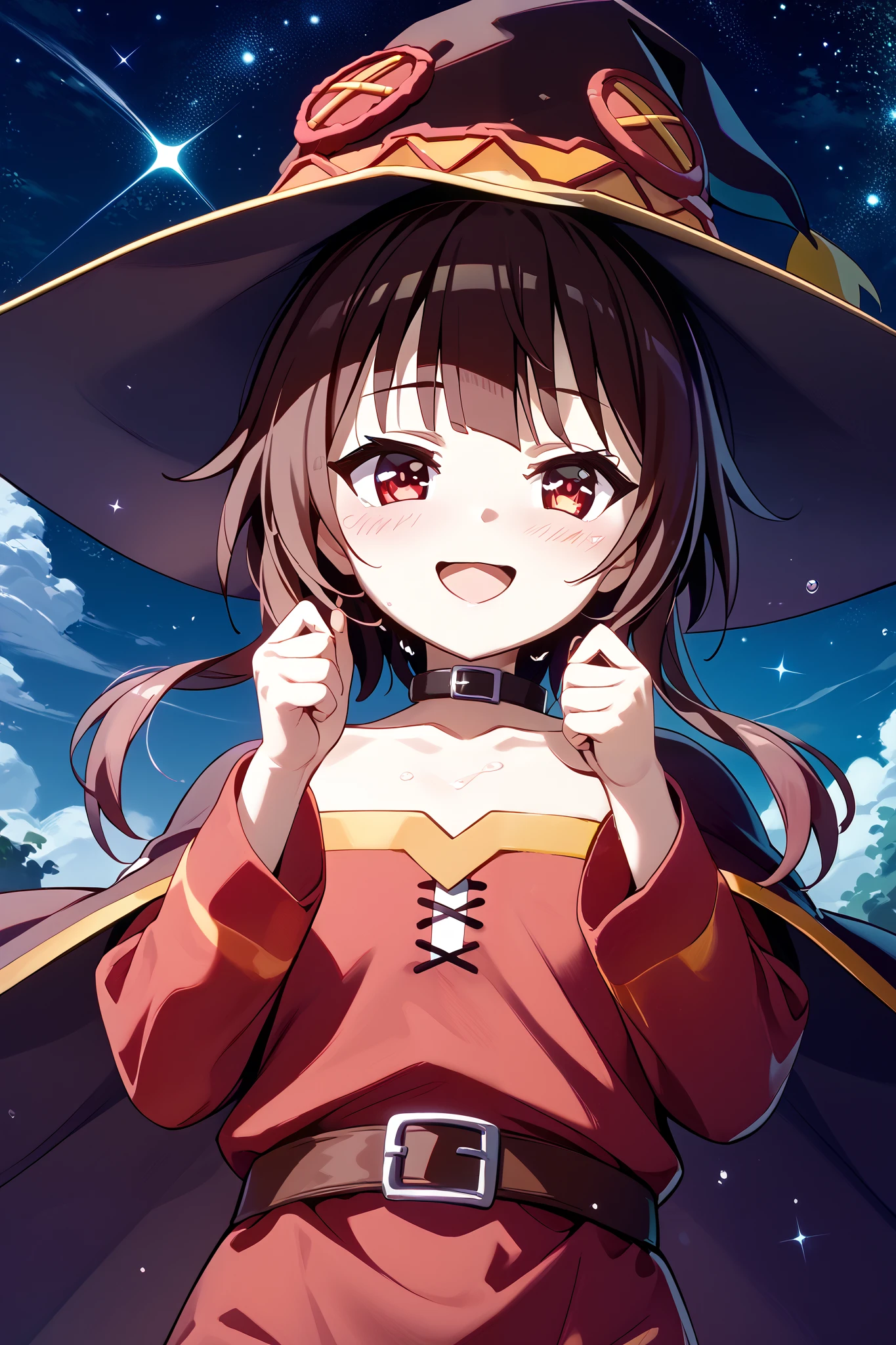 anime girl wearing a witch hat、Megumin、Flirty anime The magic of witch chanting 、 Dynamic Poses 、 Character Focus、Wet、 open your mouth、smile、 upper body、、 lean forward、、KonoSuba、whole body、 anime style、 anime style4k、 Anime Moe Art Style 、 Cute Girl Anime Visual 、 red eyes、 beautiful background、( starry sky 、Heartful)、whole body、 open your mouth、( with her hands backwards、Cheating anime witch with her hips sticking forward :1.2)、 short skirt、