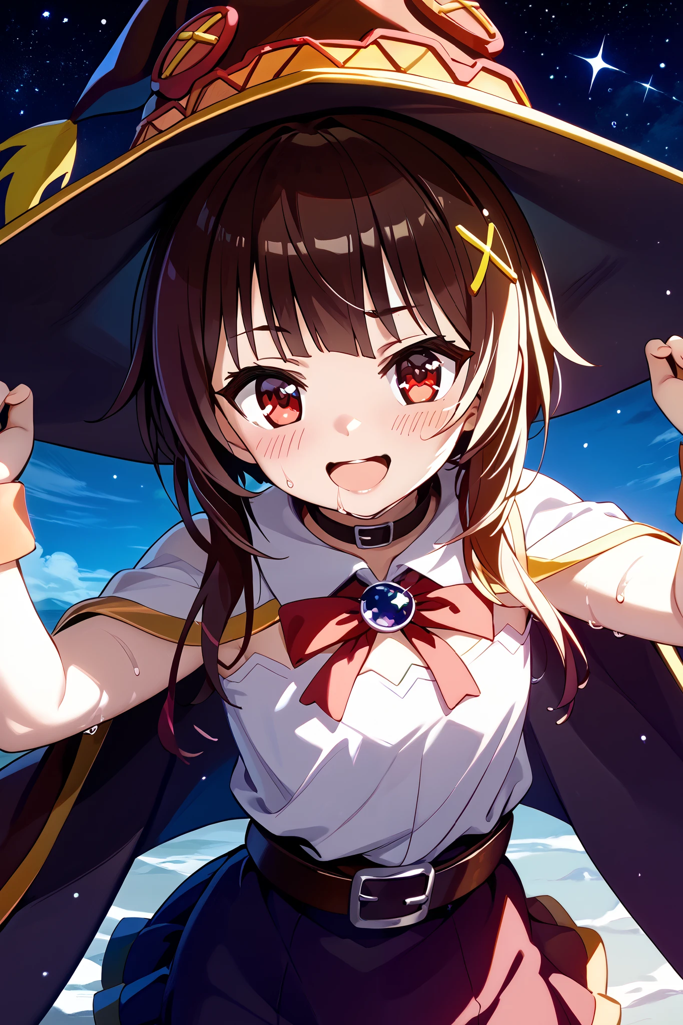 anime girl wearing a witch hat、Megumin、Flirty anime The magic of witch chanting 、 Dynamic Poses 、 Character Focus、Wet、 open your mouth、smile、 upper body、、 lean forward、、KonoSuba、whole body、 anime style、 anime style4k、 Anime Moe Art Style 、 Cute Girl Anime Visual 、 red eyes、 beautiful background、( starry sky 、Heartful)、whole body、 open your mouth、( with her hands backwards、Cheating anime witch with her hips sticking forward :1.2)、 short skirt、