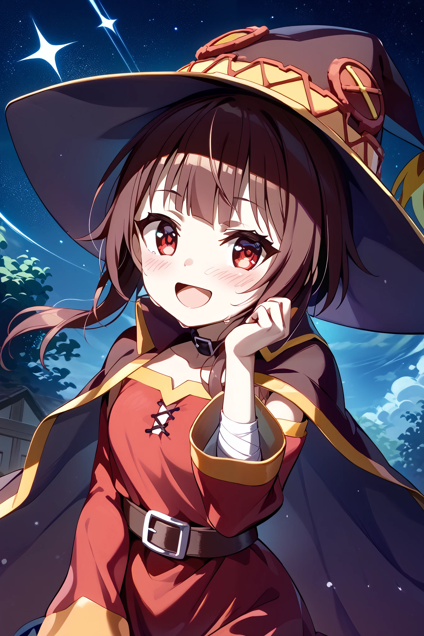 anime girl wearing a witch hat、Megumin、Flirty anime The magic of witch chanting 、 Dynamic Poses 、 Character Focus、Wet、 open your mouth、smile、 upper body、、 lean forward、、KonoSuba、whole body、 anime style、 anime style4k、 Anime Moe Art Style 、 Cute Girl Anime Visual 、 red eyes、 beautiful background、( starry sky 、Heartful)、whole body、 open your mouth、( with her hands backwards、Cheating anime witch with her hips sticking forward :1.2)、 short skirt、