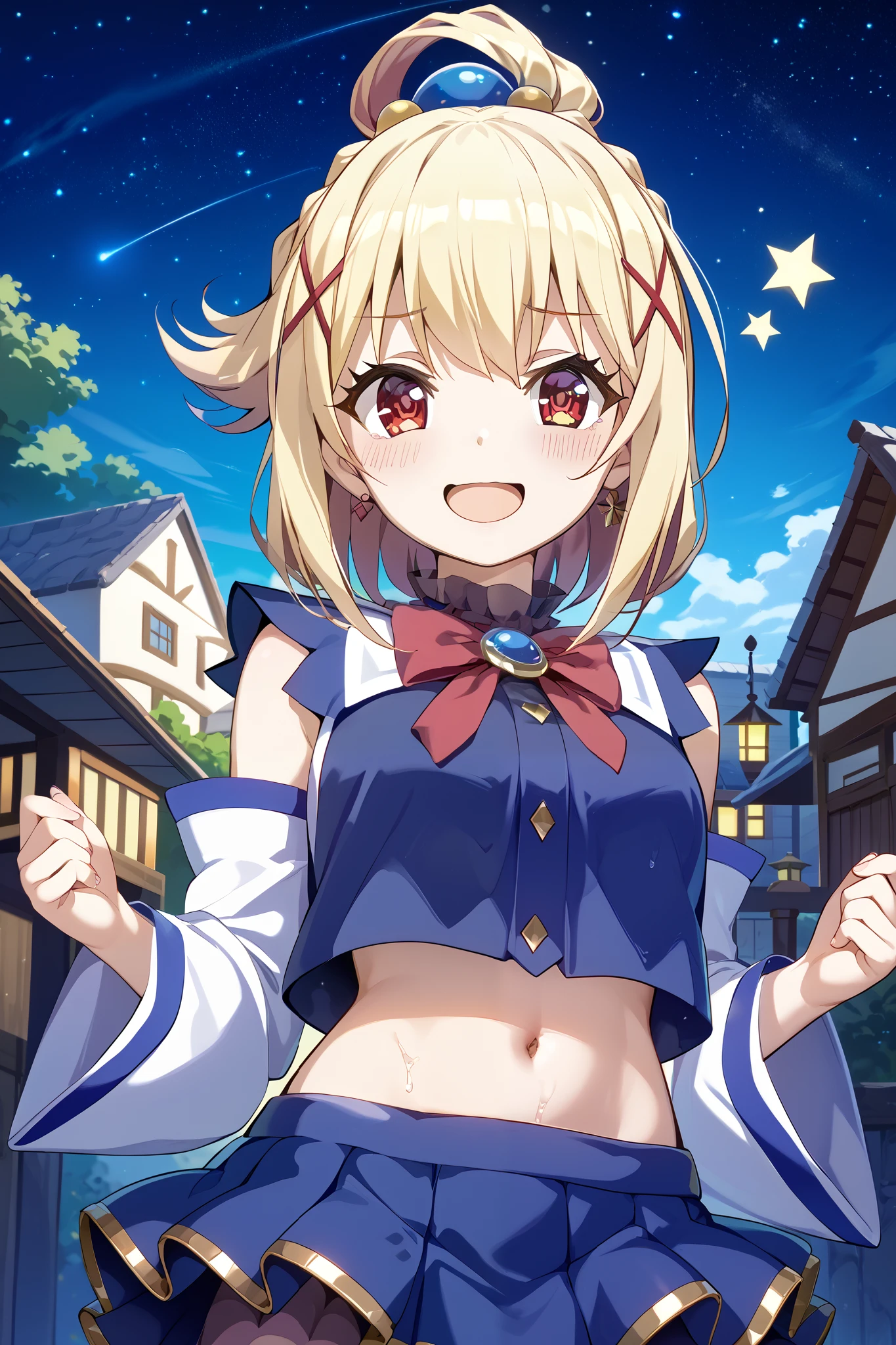  1 girl、Aqua、 Dynamic Poses 、 Character Focus、Wet、 open your mouth、smile、 upper body、、 lean forward、、KonoSuba、Ellis、whole body、 anime style、 anime style4k、 Anime Moe Art Style 、 Cute Girl Anime Visual 、 red eyes、 beautiful background、( starry sky 、Heartful)、whole body、 open your mouth、( with her hands backwards、Cheating anime witch with her hips sticking forward :1.2)、 short skirt、