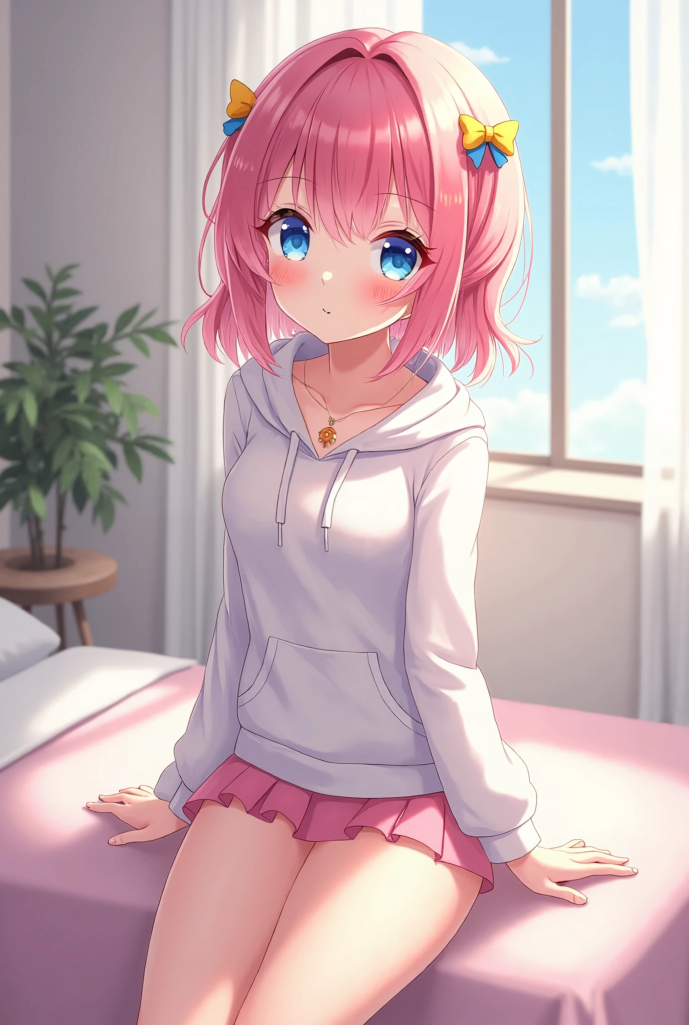 8k, detailed, ART digital , style anime, 1boy, 1, wearing thigh high socks, wearing pink sweatshirt, cute expression, cute thighs, blue eyes, pink hair.