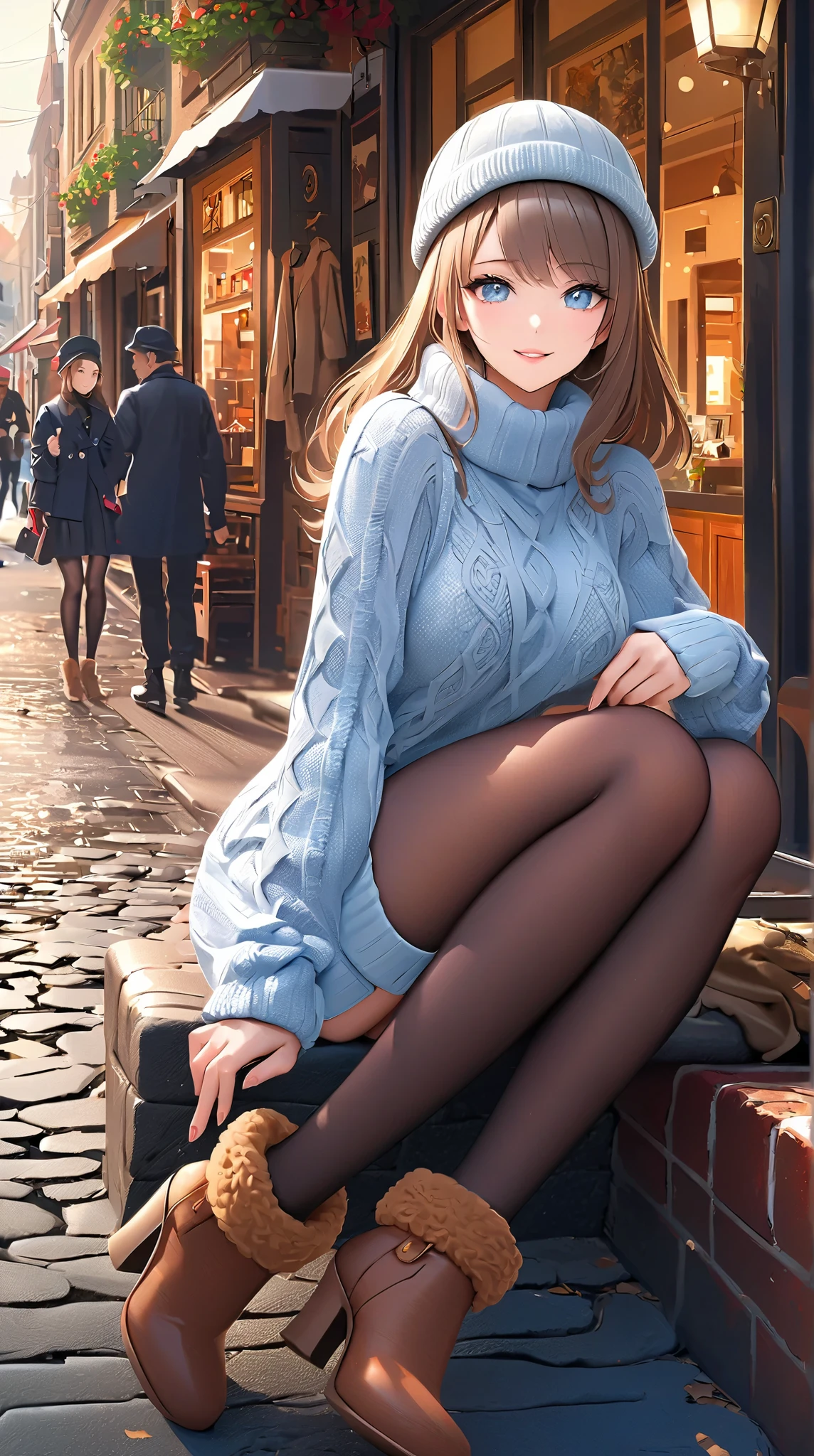 (( top quality)),( Ultra High Resolution),( very detailed),( detailed explanation ),(( best CG )),( Best Artwork ), Ultra-precise art, Amazing Art of Painting,(Exquisite art:1.5), woman, a beautiful and well-groomed face , smile, fur coat, light blue eyes, Stylish hats, knitted sweater, long pants, Fur boots, Chilling street corner
