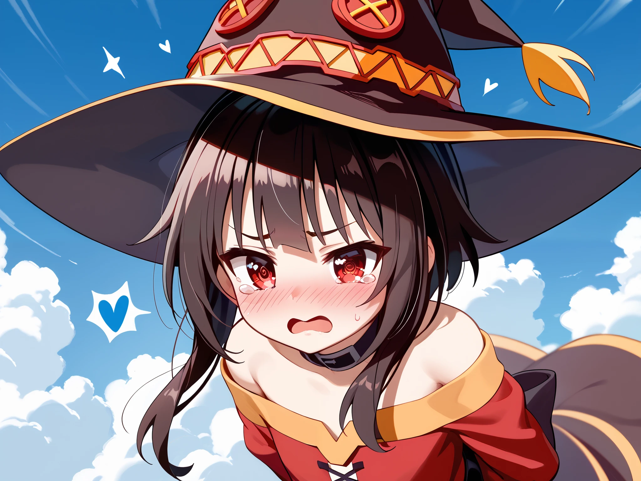 anime girl wearing a witch hat、Megumin、 Flirty anime witch chanting magic 、Konosuba anime style、 anime style 4k、 anime moe art style 、 cute girl anime visual、Black-haired mage、 red eye、Teary-eyed、 beautiful background, ( sky full of stars、 full of hearts ), full body, embarrassed face、 Please Open Your Mouth 、 arched back、Please keep your hands behind your back。