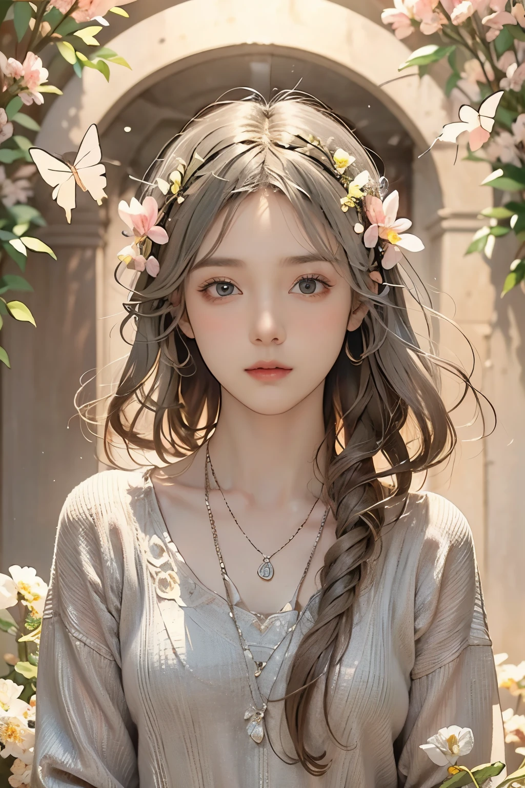 (oil painting of a beautiful woman), rough touch, focus on face, (calm and gentle expression), ((silver-grey medium hair that is mostly straight but loosely curled)), (close-up), shiny skin, glossy lips, ((casual pale pastel pink spring sweater)), (smart figure), small necklace, beginning of spring, spring atmosphere, colorful small spring flowers, bright and warm spring colors, sunlight, Tyndall effect, young leaves on trees, use of contour, clean lines, line drawing, fine details, intricate details, bright and strong primary colors used partly as accents, floral frame, Art Nouveau frame, Art Nouveau-inspired decoration, decorative panel, masterpiece, fine and intricate details, splashes of color, (Alphonse Mucha compositional style), Fibonacci, impressionist style, atmospheric perspective, flying butterflies, hair blowing in the spring breeze, (bright spring flowers and light), everything sparkles and shines, lots of light particles, (let there be light!),