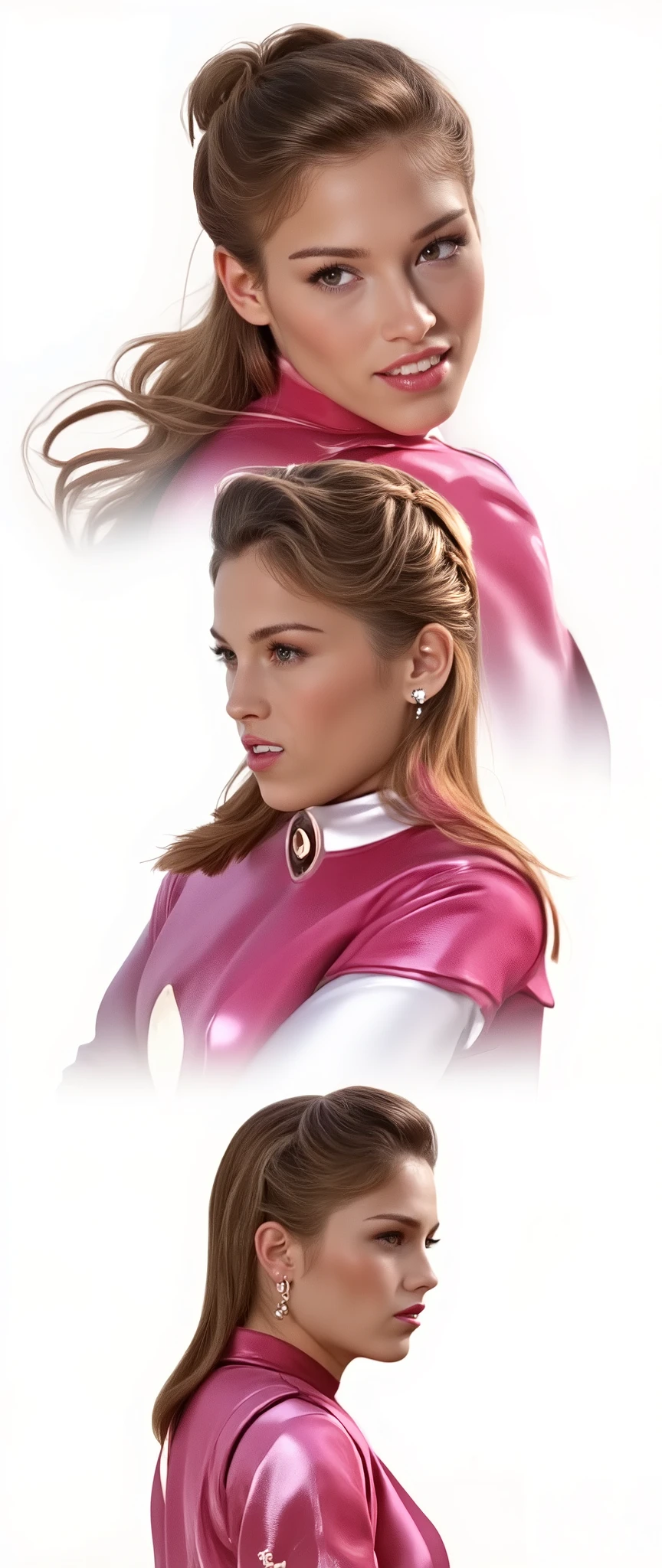 realistic sexy pink power ranger ,detailed face, full lips, natural lighting, feminine body, UHD 8K, white background, character design sketch multiple perspectives, rear, front, 3/4 view, photorealistic, high quality, beautiful skin, detailed eyes, sharp focus, physically-based rendering, vivid colors, 1 girl, beautiful detailed face, exquisite detailed portrait, intricate detailed face, flawless skin, seamless blend, masterpiece, hyper detailed