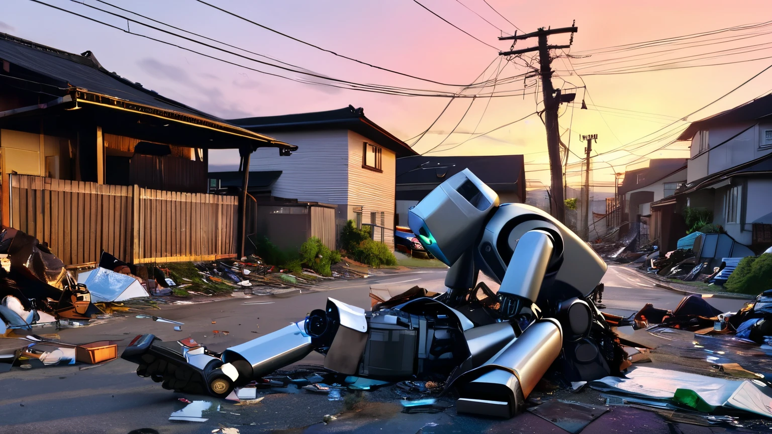 Anime style images。 garbage dump under a T-junction telephone pole in a residential area at dusk。Old robots are being thrown away。The robot is falling。 Sunset in the sky 。 The robot is buried in a pile of garbage put in a garbage bag。Robots don't have one leg, so they can't stand or sit, and they fall down。 the robot is rusting and decaying、One hand and one leg are missing。