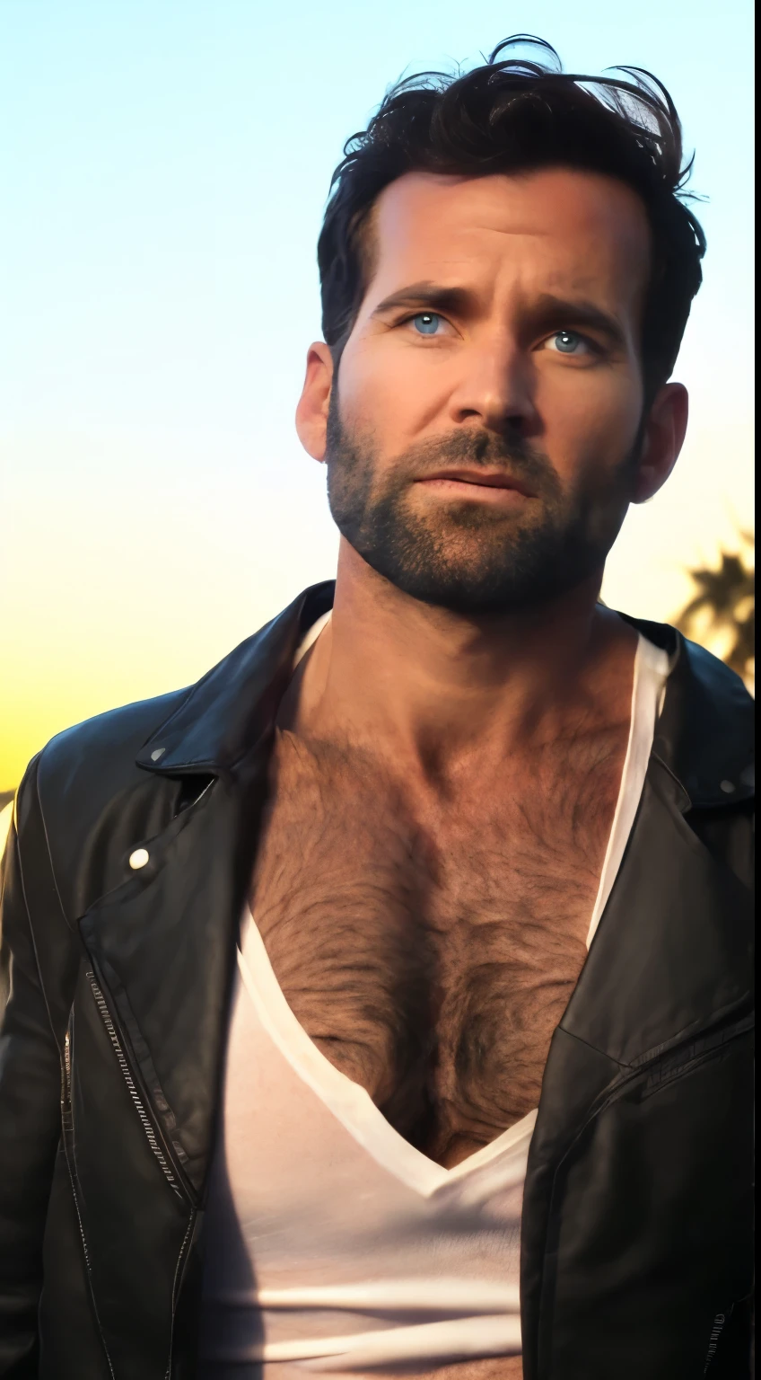 eionbailey, masterpiece, best quality, realistic, photorealistic, highly detailed face and body, cinematic, epic, cool, badass, heroic, confident, at sunset, magic hour, outdoors, 1boy, solo, 30 year-old male, perfect skin, dark hair, (short hair:1.1), (parted hair:1.2), very handsome, blue eyes, smiling, perfect face, muscular, (thin:1.1), slim, slender, (huge pectorals:1.2), pectoral lift, huge biceps, hairy chest, hair on throat and neck, (white v-neck t-shirt:1.6), tight clothing, (ripping t-shirt open:1.5), (black leather jacket:1.4), perfect body, perfect proportions, perfect anatomy, background is an intense sunset with red, gold, and violet colors