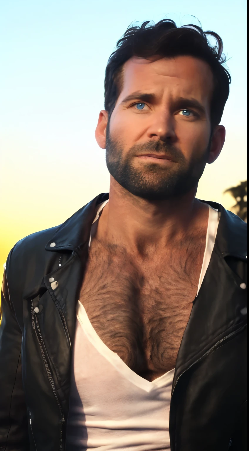 eionbailey, masterpiece, best quality, realistic, photorealistic, highly detailed face and body, cinematic, epic, cool, badass, heroic, confident, at sunset, magic hour, outdoors, 1boy, solo, 30 year-old male, perfect skin, dark hair, (short hair:1.1), (parted hair:1.2), very handsome, blue eyes, smiling, perfect face, muscular, (thin:1.1), slim, slender, (huge pectorals:1.2), pectoral lift, huge biceps, hairy chest, hair on throat and neck, (white v-neck t-shirt:1.6), tight clothing, (ripping t-shirt open:1.5), (black leather jacket:1.4), perfect body, perfect proportions, perfect anatomy, background is an intense sunset with red, gold, and violet colors
