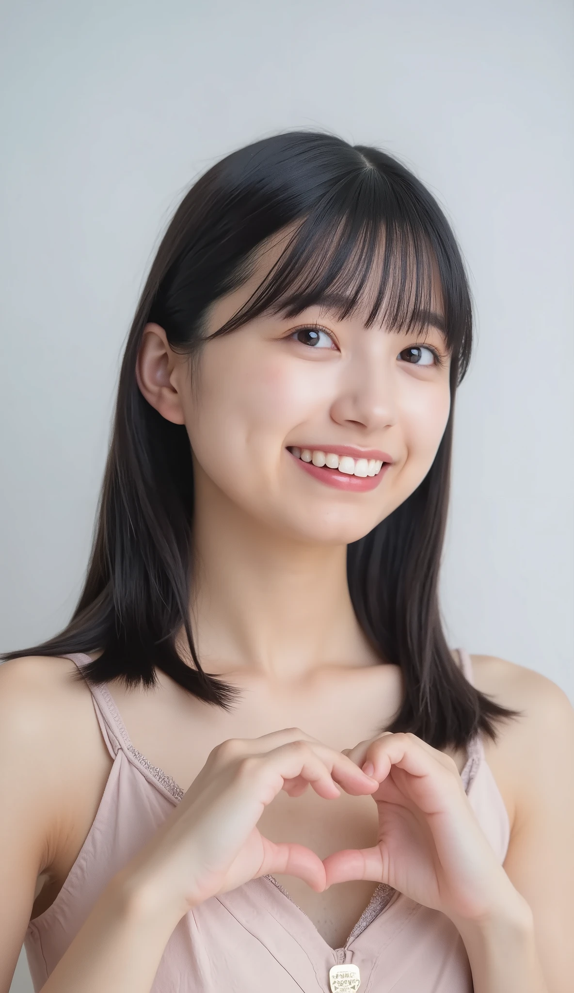  Super Fine、An upshot of her face、She has a smile showing her teeth, wears a camisole, and poses with her hands in the shape of a heart in front of her chest、The background is plain、  HD、細部にわたって HD