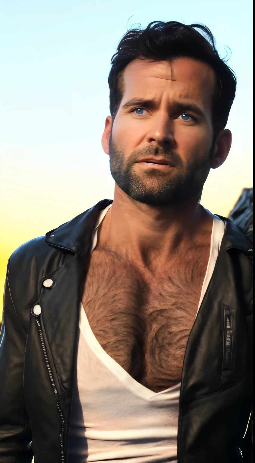 eionbailey, masterpiece, best quality, realistic, photorealistic, highly detailed face and body, cinematic, epic, cool, badass, heroic, confident, at sunset, magic hour, outdoors, 1boy, solo, 30 year-old male, perfect skin, dark hair, (short hair:1.1), (parted hair:1.2), very handsome, blue eyes, smiling, perfect face, muscular, (thin:1.1), slim, slender, (huge pectorals:1.2), pectoral lift, huge biceps, hairy chest, hair on throat and neck, (white v-neck t-shirt:1.6), tight clothing, (ripping t-shirt open:1.5), (black leather jacket:1.4), perfect body, perfect proportions, perfect anatomy, background is an intense sunset with red, gold, and violet colors