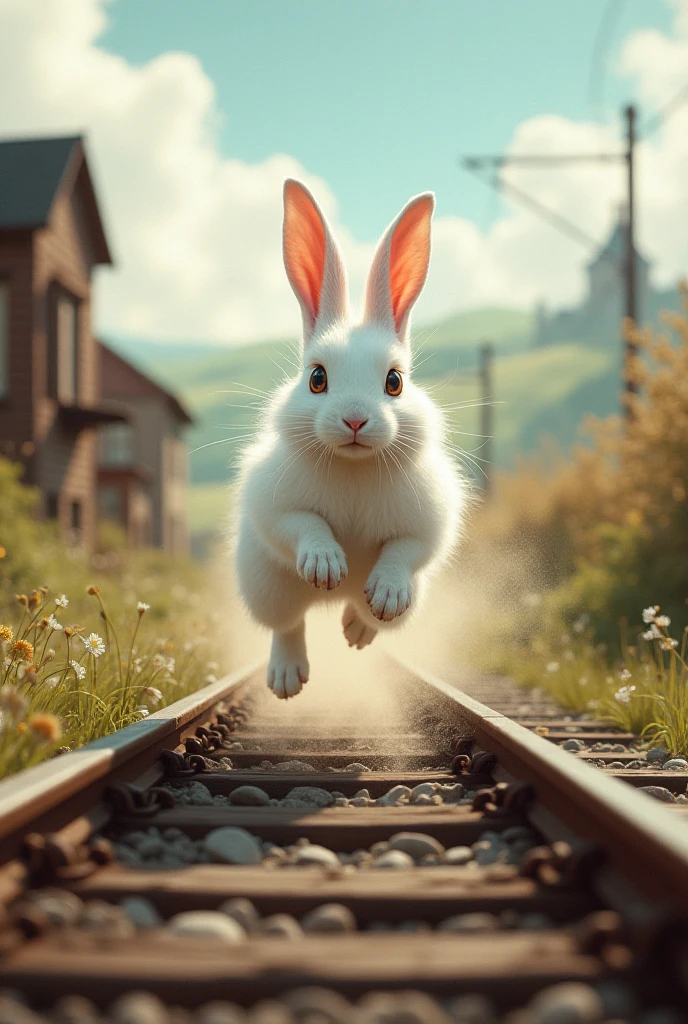 White rabbit running on railway Trip - SeaArt AI