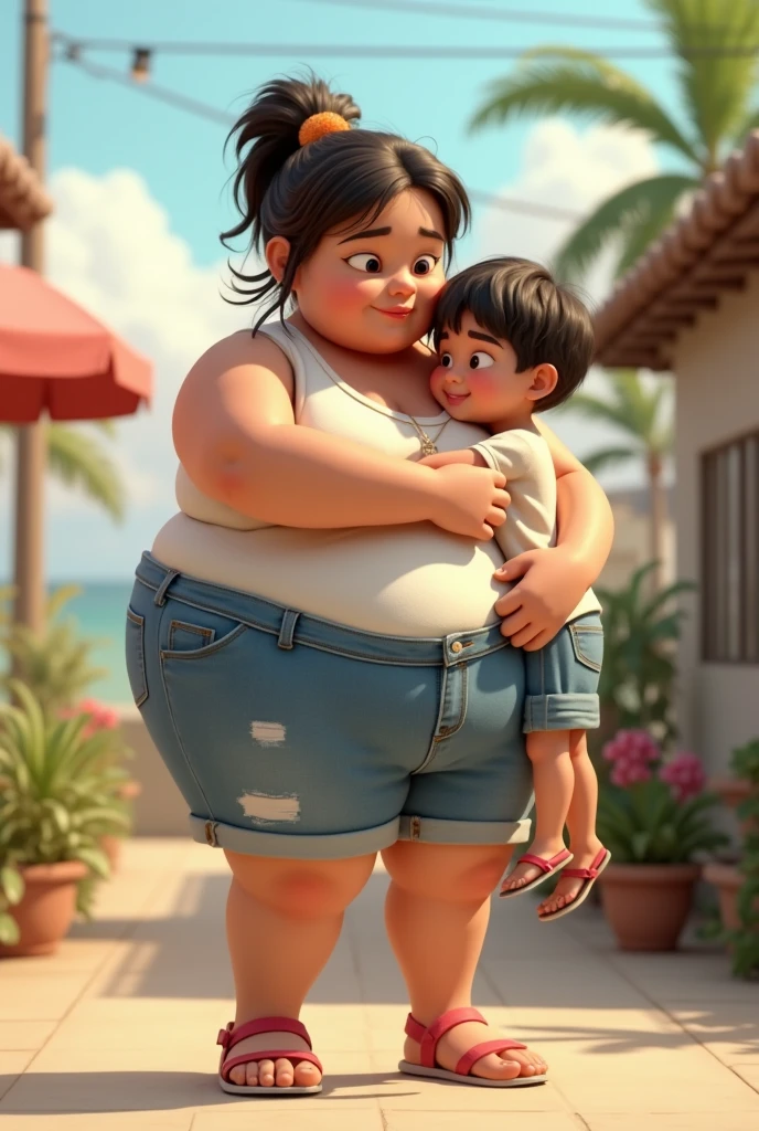 A thin boy next to a chubby young woman on a farm and a red truck and a black motorcycle