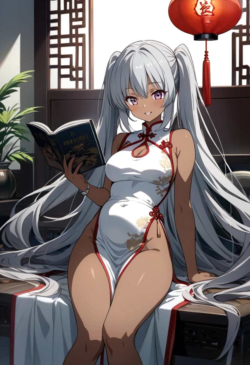 Best Quality, 8k, (masterpiece:1.2), ultra-detailed, expressive background, balance, Demon girl, 1Female, 1Demon-Girl, long gray hair, Long hair, (((Big and long straight white horns))), Straight horns white on head, White kimono, Sexy white dress, Sensual, Sexy, Sensual body, Huge breasts, Perfect curves, Majestic, ((balcony, sunset in the background)), ((fallen on the floor, cup broken, book thrown on the floor, mess, broken things, messy place, broken pieces)), grumpy look, angry look, angry