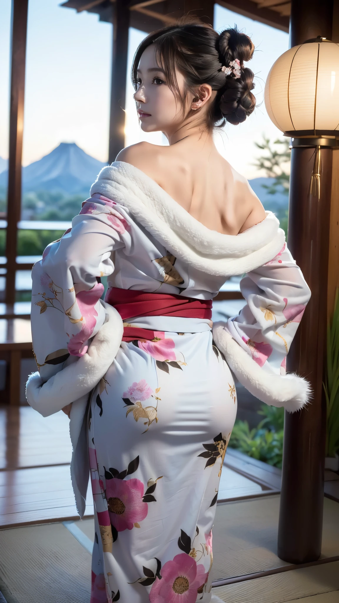 top quality, Masterpiece, Ultra High Resolution, High Definition RAW Color Photos , pro pics, natural skin texture, fine skin, hyperrealism, Ultra-Fine,16k,Japan,Gigantic ass,(((gigantic breasts,煌びやかなJapanの着物,floral long sleeve kimono,right color花柄振袖,white fur shawl,Fur stole, Beast Ears, Shrine grounds,((hand on own hip,T-BACK))))),(( off shoulder,from side, turn around))