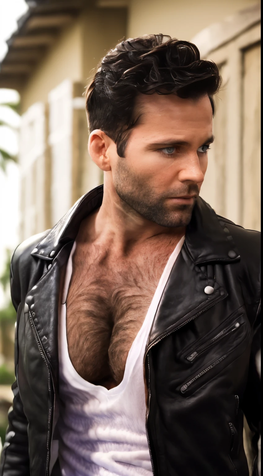 eionbailey, masterpiece, best quality, realistic, photorealistic, (sunset:1.2), (magic hour lighting:1.2), 1boy, 30 year-old male, highly detailed face and body, solo, upper body, perfect skin, black hair, (short hair:1.1), (parted hair:1.4), crew cut hairstyle, undercut hairstyle, fade hairstyle, extremely handsome face, blue eyes, smiling, (clean shaven face:1.3), perfect face, lean muscle, (thin:1.1), slim, slender, skinny, muscular chest, (massive pectorals:1.8), (pectoral lift:1.1), (strong pectoral definition:1.4), very small waist, huge biceps, perfect body, very hairy, very hairy chest, (dark chest hair:1.2), dense chest hair, hair on throat and neck, hair on and above collarbones, (very hairy pectorals:1.2), hair on backs of hands, (white t-shirt:1.5), (deep v-neck:1.7), (tight t-shirt:1.1), (black leather jacket:1.6), (long sleeves:1.2), (flipped collar:1.4), (background is a sunset sky:1.2)