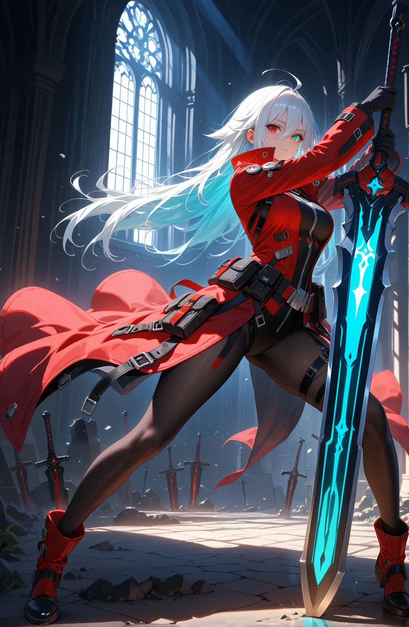1girl,ragna_the_bloodedge, heterochromia, green eyes, red eyes, red coat,medium breast, dynamic pose,realistic background,indoor, planted great sword, big sword,long hair, striked hair, single pantyhose, volumetric lighting,black pantyhose, dappled sunlight, window shadow, white sword, blue highlight,masterpiece, best quality, ultradetailed, newest
