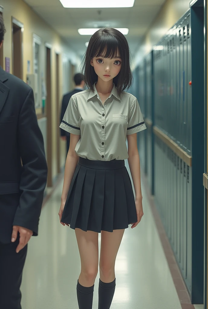 1 girl, alone,Black Short Hair, Sailor suit,belt,watch,high school girl,White sleeveless collared shirt,Blue super mini skirt,Are crying:1.5, Perfect light, 8k, masterpiece:1.2, Very detailed, Realistic:1.37, Full HD, School corridor background,Front shot,Are standing