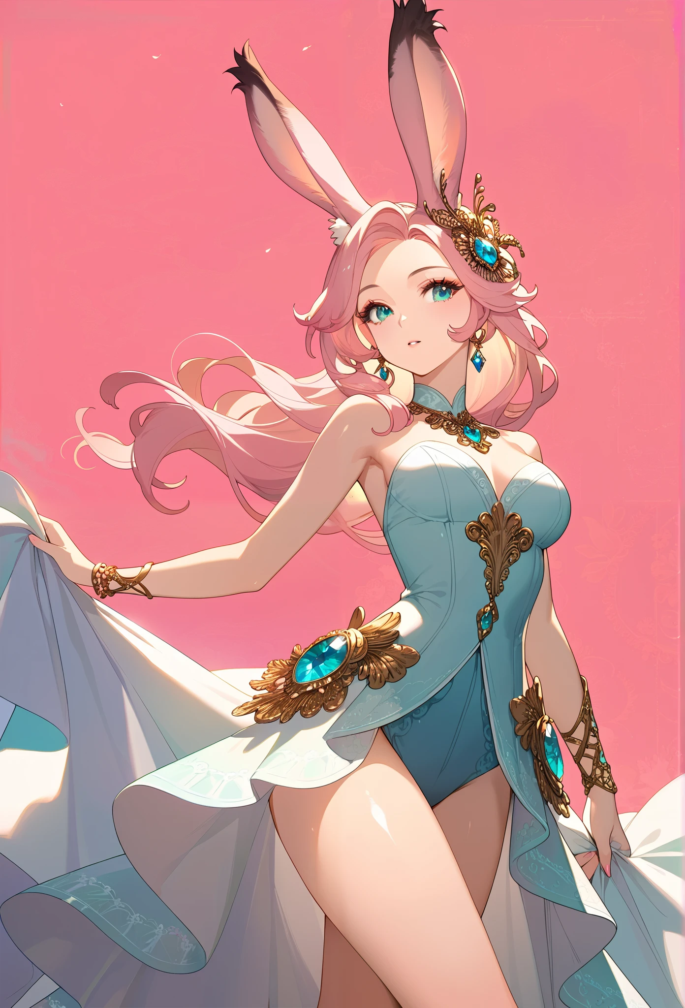 detailed Aqua Eyes, pink hair, ( Aqua Eyes), official art, unity 8k wallpaper, ultra detail, beautiful and beautiful , Masterpiece, top quality, 1 Viera girl, Huge , extremely detailed, elegant, vibrant colors, Romanticism, behind the back of the arm, shiny skin, Sexy Poses, (( pink background)), facial blush , upper body, straight, (Chest), Perfect Thighs , standing, casual, funky graphic design,