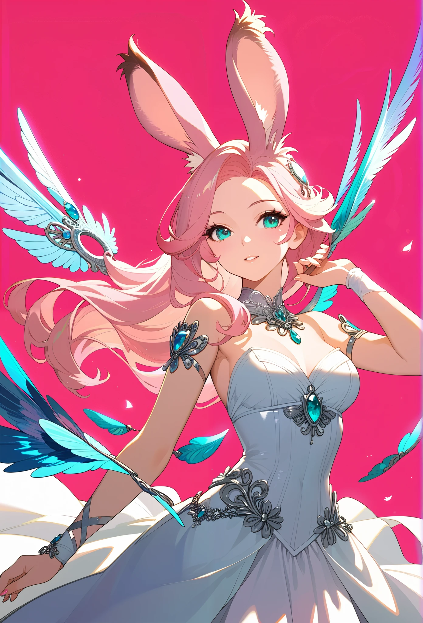 detailed   Aqua Eyes,  pink hair, (  Aqua Eyes),  official art, unity 8k wallpaper,  ultra detail,  beautiful and beautiful ,  Masterpiece,  top quality, 1 Viera girl, Huge ,  extremely detailed,  elegant,  vibrant colors, Romanticism,  behind the back of the arm,    shiny skin,  Sexy Poses, (( pink background)), facial blush ,  upper body,  straight, (Chest),  Perfect Thighs ,  standing,  casual,   funky graphic design,
