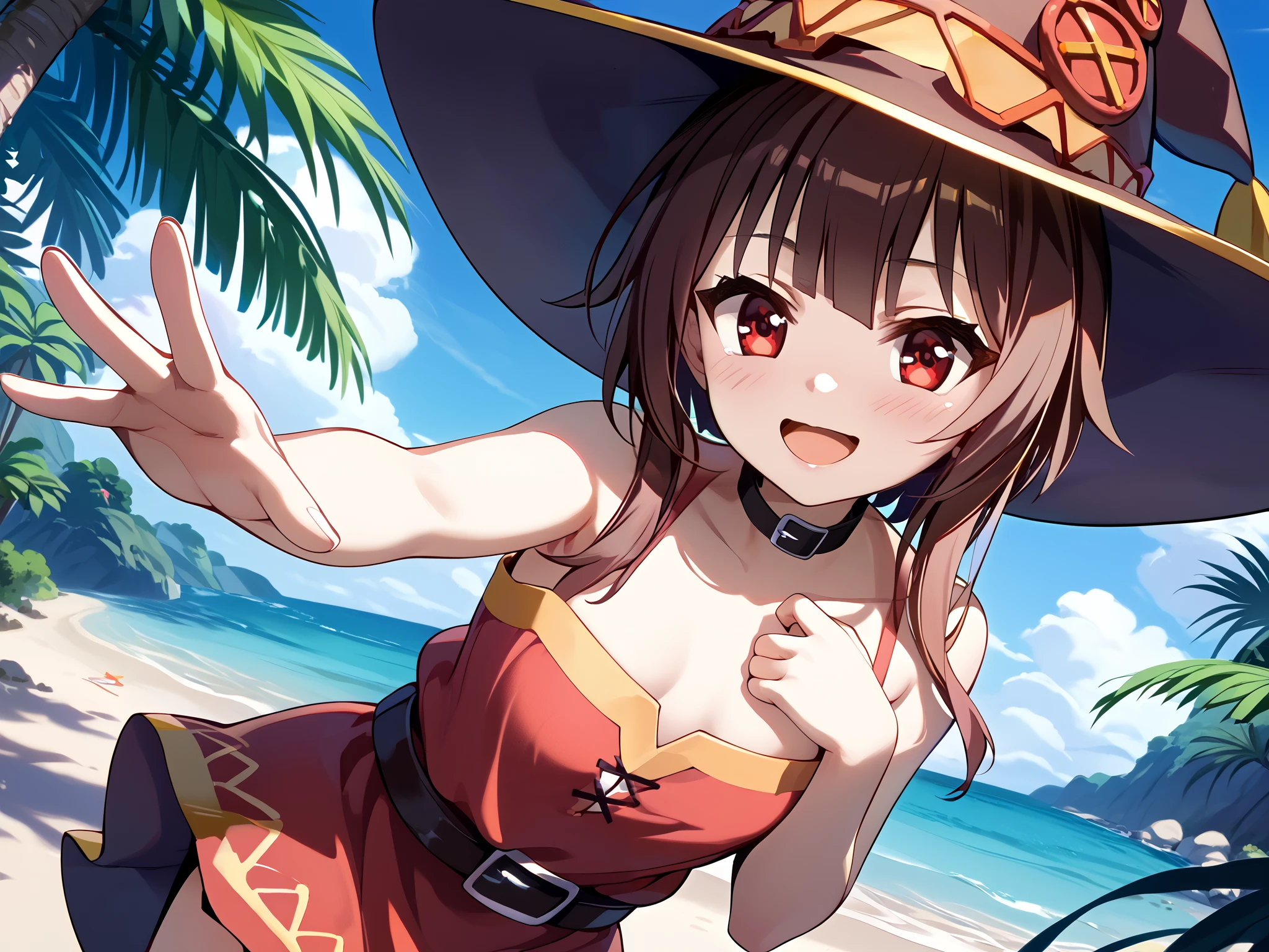 a girl wearing a witch hat、Megumin、Flirty anime The magic of witch chanting 、 Dynamic Poses 、 Character Focus、 open your mouth、smile、 lean forward、 palm-sized breasts、KonoSuba、 anime style 4k、 Anime Moe Art Style 、 Cute Girl Anime Visual 、 red eyes、 beautiful background(Beautiful Beach )whole body(Cheating anime witch whose hand grabs her chest)、 SHORT SKIRT