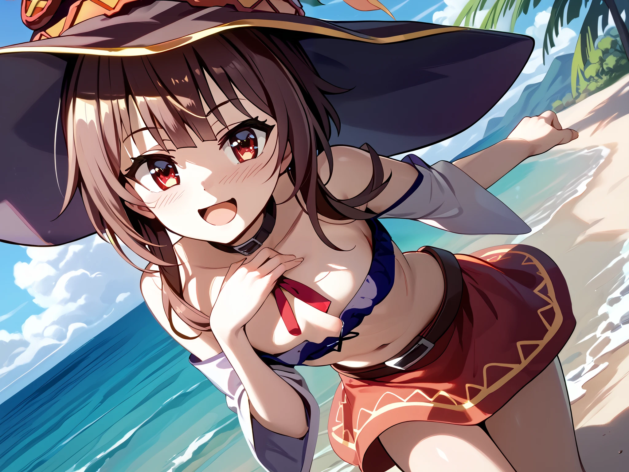 a girl wearing a witch hat、Megumin、Flirty anime The magic of witch chanting 、 Dynamic Poses 、 Character Focus、 open your mouth、smile、 lean forward、 palm-sized breasts、KonoSuba、 anime style 4k、 Anime Moe Art Style 、 Cute Girl Anime Visual 、 red eyes、 beautiful background(Beautiful Beach )whole body(Cheating anime witch whose hand grabs her chest)、 SHORT SKIRT