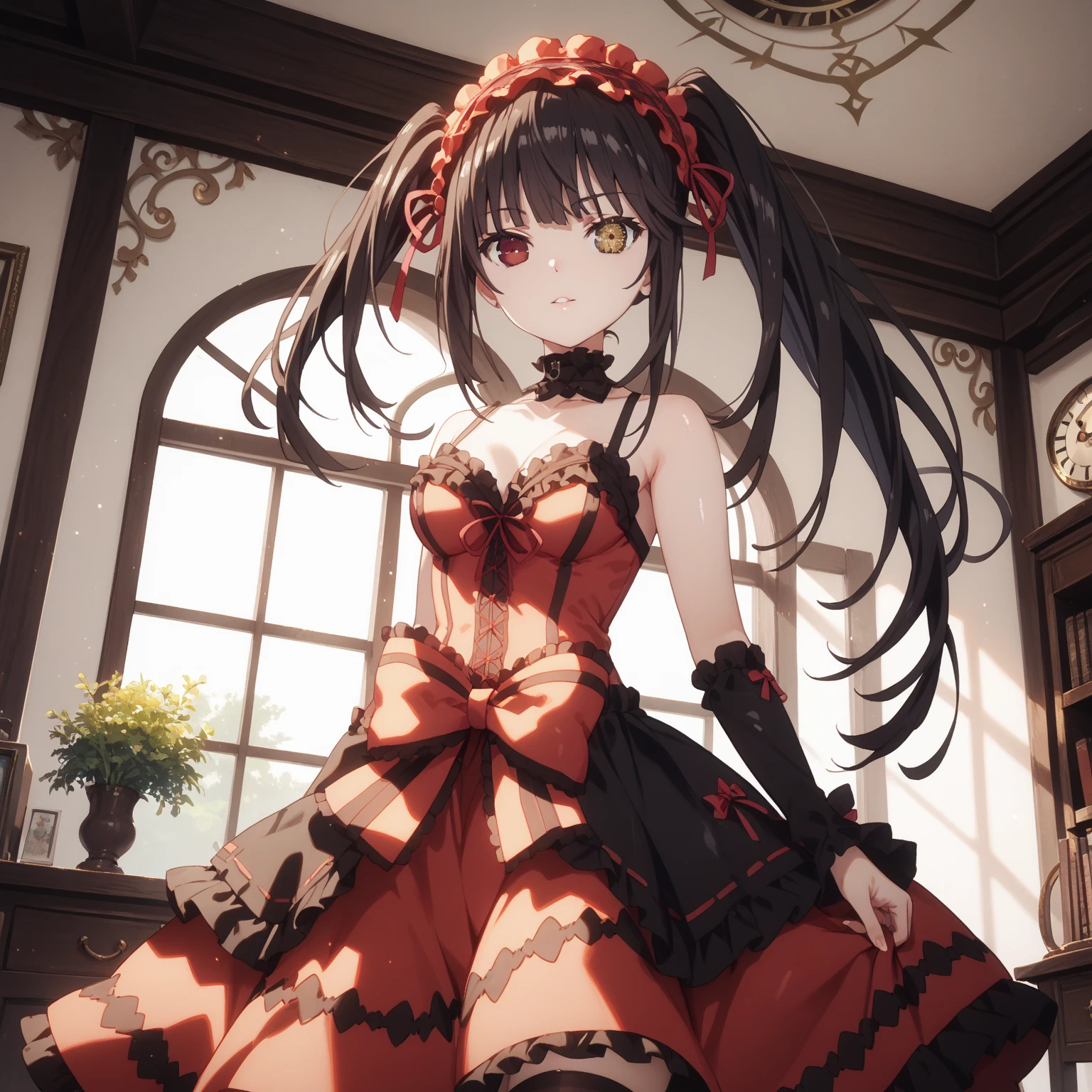 kurumi tokisaki, long hair, twintails, heterochromia, yellow eyes, clock eyes ,symbol-shaped pupils, dress, hairband, black thighhighs, Medium chest, thigh gap, glossy skin, glistening skin, looking at viewer, Tempting body, Room