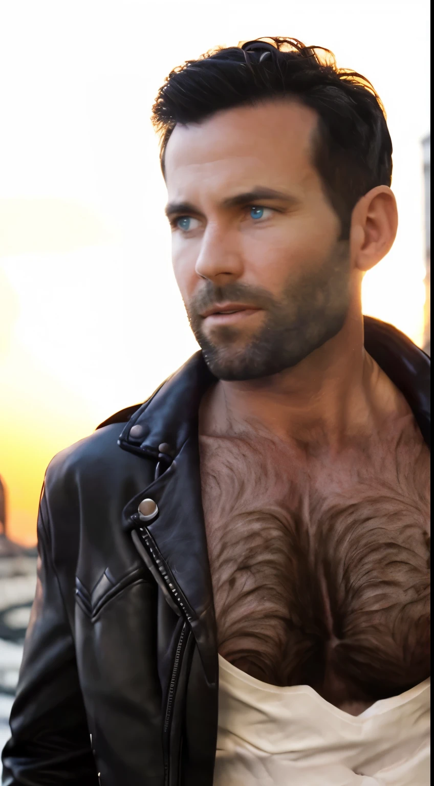 eionbailey, masterpiece, best quality, realistic, photorealistic, outdoors, (sunset:1.5), (magic hour lighting:1.6), 1boy, 30 year-old male, highly detailed face and body, solo, upper body, perfect skin, black hair, (short hair:1.1), (parted hair:1.4), crew cut hairstyle, undercut hairstyle, fade hairstyle, extremely handsome face, blue eyes, smiling, (clean shaven face:1.3), perfect face, lean muscle, (thin:1.1), slim, slender, skinny, muscular chest, (massive pectorals:1.9), (pectoral lift:1.1), (strong pectoral definition:1.2), very small waist, huge biceps, perfect body, very hairy, (very hairy chest:1.2), (dark chest hair:1.4), dense chest hair, hair on throat and neck, hair on and above collarbones, (very hairy pectorals:1.4), hair on backs of hands, (white v-neck t-shirt:1.6), (deep v-neck:1.3), (tight t-shirt:1.1), (black leather jacket:1.7), (long sleeves:1.1), (background is a sunset sky:1.6)