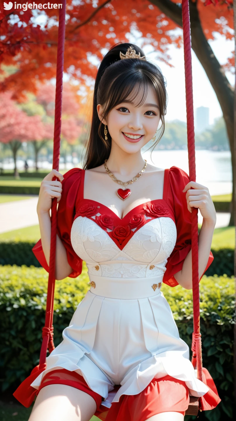 full body, vibrant colors, sexy girl, masterpiece, sharp focus, best quality, depth of field, cinematic lighting, (white captain outfit), hat, long hair, white hair, red eyes, laughing, smile, medium breasts, cherry blossom, outdoors, holding gift, giving gift, holding heart shape gift, 80% miniskirt, v-neck