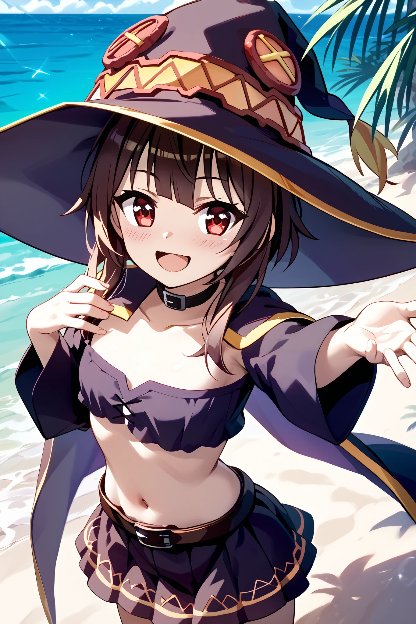 a girl wearing a witch hat、Megumin、Flirty anime The magic of witch chanting 、 Dynamic Poses 、 Character Focus、 open your mouth、smile、 lean forward、 palm-sized breasts、KonoSuba、 anime style 4k、 Anime Moe Art Style 、 Cute Girl Anime Visual 、 red eyes、 beautiful background（Beautiful Beach ）whole body(Cheating anime witch whose hand grabs her chest)、 SHORT SKIRT 