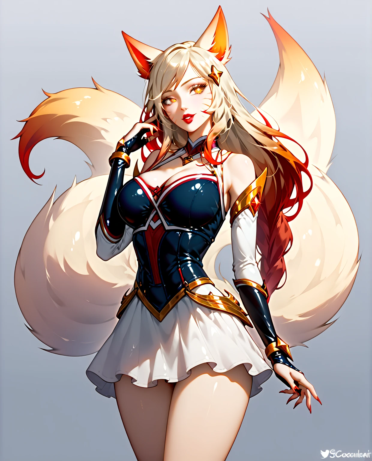 best quality,masterpiece,highres,cg, 1girl, animal ears, tail, fox ears, solo, fox tail, breasts, thighhighs, blonde hair, multiple tails, high heels, large breasts, heart, long hair, hand on hip, cleavage, black thighhighs, looking at viewer, bare shoulders, facial mark, dress, whisker markings, fingernails, underwear, alternate costume, fox girl, full body, lighting,candid,Photograph,high resolution,4k,8k,Bokeh,