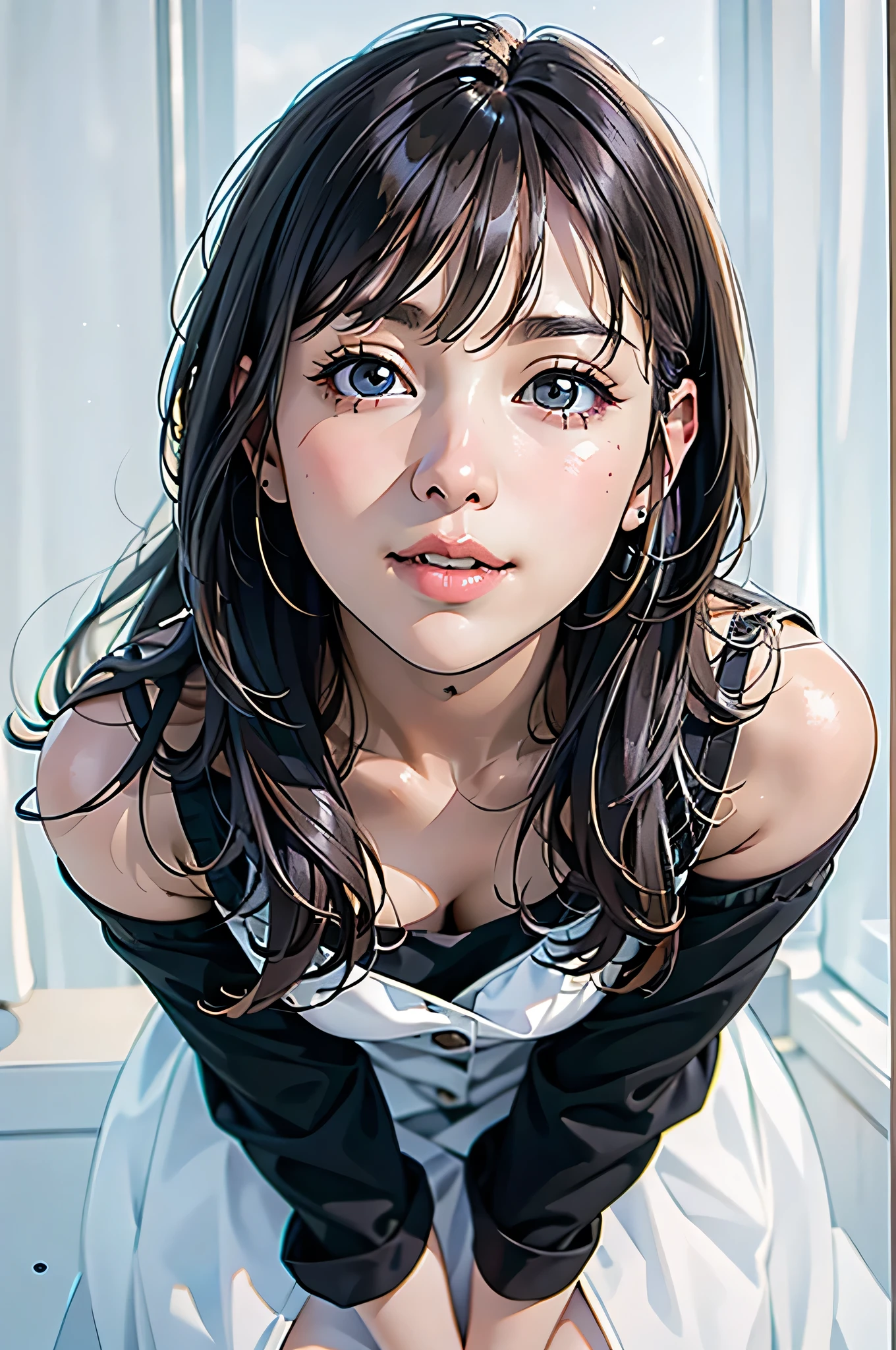 ( table top),  sexy、 natural light,  realistic diffused light ,   professional lighting、 shines a spotlight&#39; big eyes、 Korean、 dark hair、 dark eyes、Kissing Face、 White Tank Top 、 white pants 、I have a black arm warmer 、