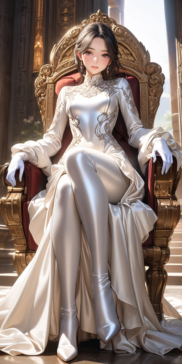 beautiful , ancient, faery, The Red Queen, powerful witch, high, very slim,  blonde, dark fantasy, (White hair), (sits on a golden throne), (long silk dress), high quality, masterpiece, The smallest details,(((Charlize Theron&#39;s face))).