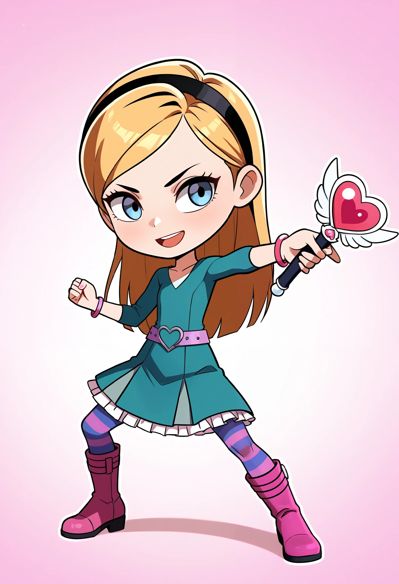 1girl, solo, penny peterson, long hair, blue eyes, 3d, blonde hair, hairband, black hairband, skirt, white trimmings, frilled skirt, dress, teal dress, lavender belt, blue and pink striped pantyhose, pink boots, pink bracelet, beautiful, cute girl, open mouth, heroic expression, smile. holding the heart wand, spread legs, defending, chibi, pink background