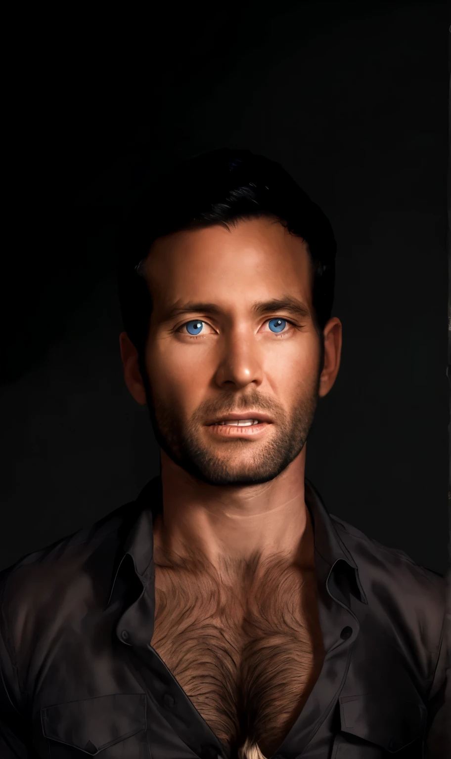 eionbailey, masterpiece, best quality, realistic, photorealistic, portrait photography, 1boy, 30 year-old male, highly detailed face and body, solo, upper body, perfect skin, black hair, (short hair:1.1), (parted hair:1.2), crew cut hairstyle, undercut hairstyle, fade hairstyle, (extremely short hair:1.1), extremely handsome face, blue eyes, neutral expression, (clean shaven face:1.5), perfect face, (lean muscle:1.1), (thin:1.1), (slim:1.1), (slender:1.1), (skinny:1.1), (very muscular chest:1.2), (massive pectorals:1.9), huge biceps, very hairy, body hair, very hairy chest, dark chest hair, dense chest hair, hair on throat and neck, hair on and above collarbones, very hairy pectorals, very hairy abdominals, very hairy arms, dark arm hair, dense arm hair, extremely hairy forearms, hair on backs of hands, (black oxford shirt:1.8), (unbuttoned chest:1.7), (short sleeves:1.3), (very tight shirt:1.1), (black background:1.8)
