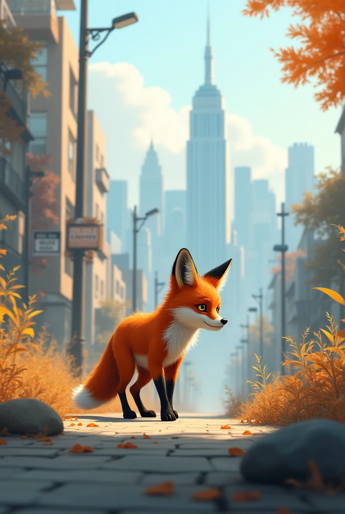 ((Masterpiece)), ((Best Quality)), (Very Detailed), ((Very Detailed)), 4K, (8K), very aesthetic, absurdres highres,1male, anthropomorphic fox, blue eyes, looking at viewer, solo, orange fur, glitch, animal focus, cityscape, city, furry, upper body, closed mouth, skyscraper, fox, door, field, frog, from side, full body, grass, hands up, kneeling, leaf, light rays, moss, night, outdoors, path, plant, road, road sign, sign, sunbeam, sunlight, sunset, tanuki, teeth, traffic cone, traffic light, transparent, tree, upper teeth only, window,