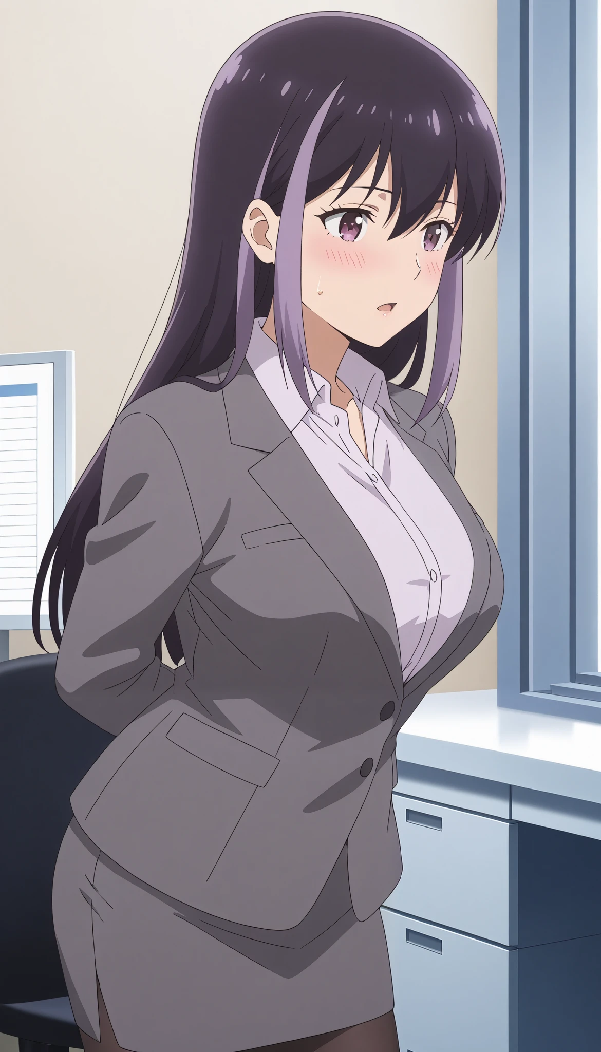 score_9, score_8_up, score_7_up, source_anime, BREAK 1girl, solo, looking at forward, in office ,cowboy shot, rika honjouji, purple hair, black hair, multicolored hair, long hair, hair between eyes, purple eyes, work uniform, collared shirt, suit, long sleeves, pencil skirt, pantyhose,rouge lips ,open mouth, blushing ,standing ,arms behind back , from side, large breast