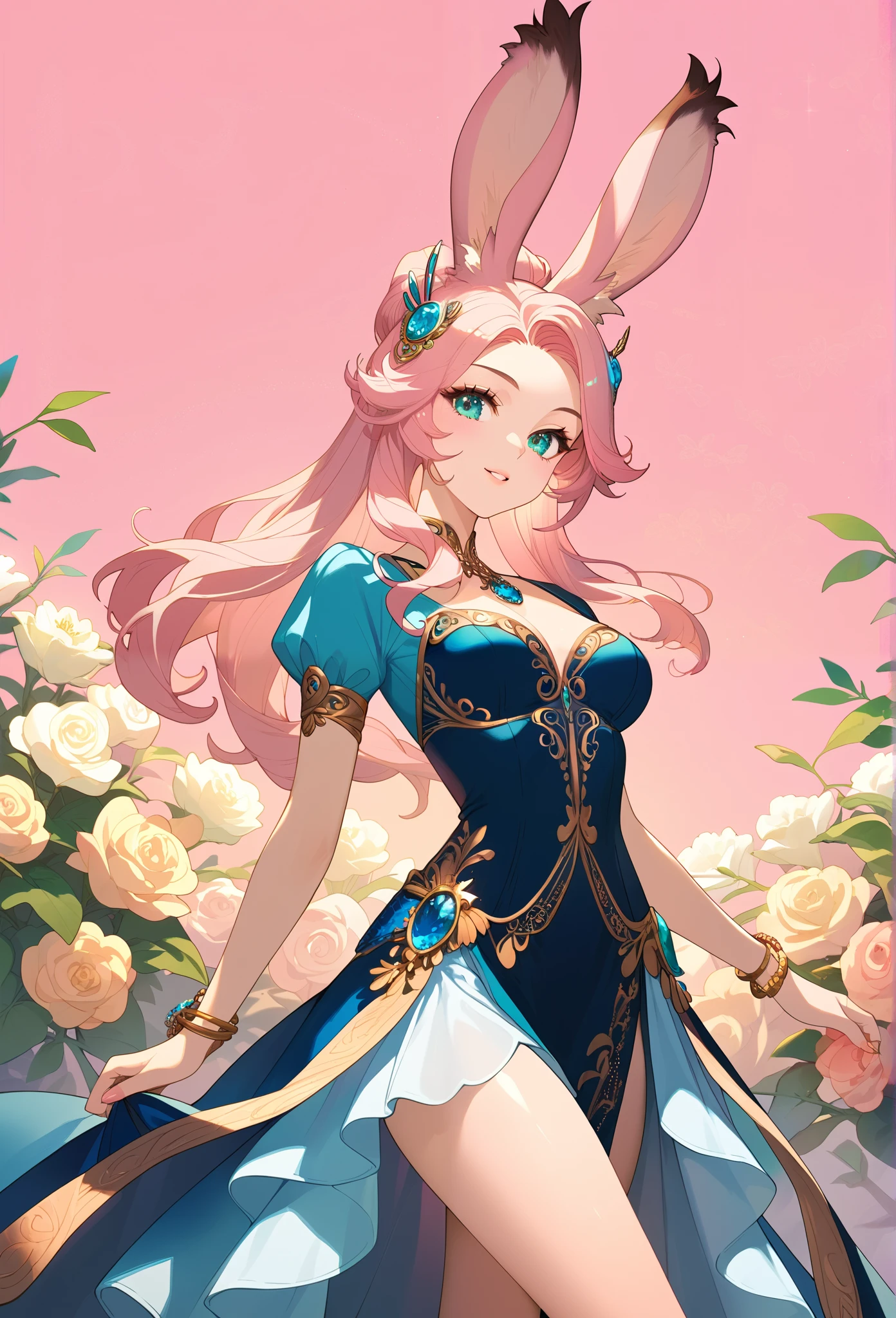 detailed   Aqua Eyes,  pink hair, (  Aqua Eyes),  official art, unity 8k wallpaper,  ultra detail,  beautiful and beautiful ,  Masterpiece,  top quality, 1 Viera girl, Huge ,  extremely detailed,  elegant,  vibrant colors, Romanticism,  behind the back of the arm,    shiny skin,  Sexy Poses, (( pink background)), facial blush ,  upper body,  straight, (Chest),  Perfect Thighs ,  standing,  casual,   funky graphic design,
