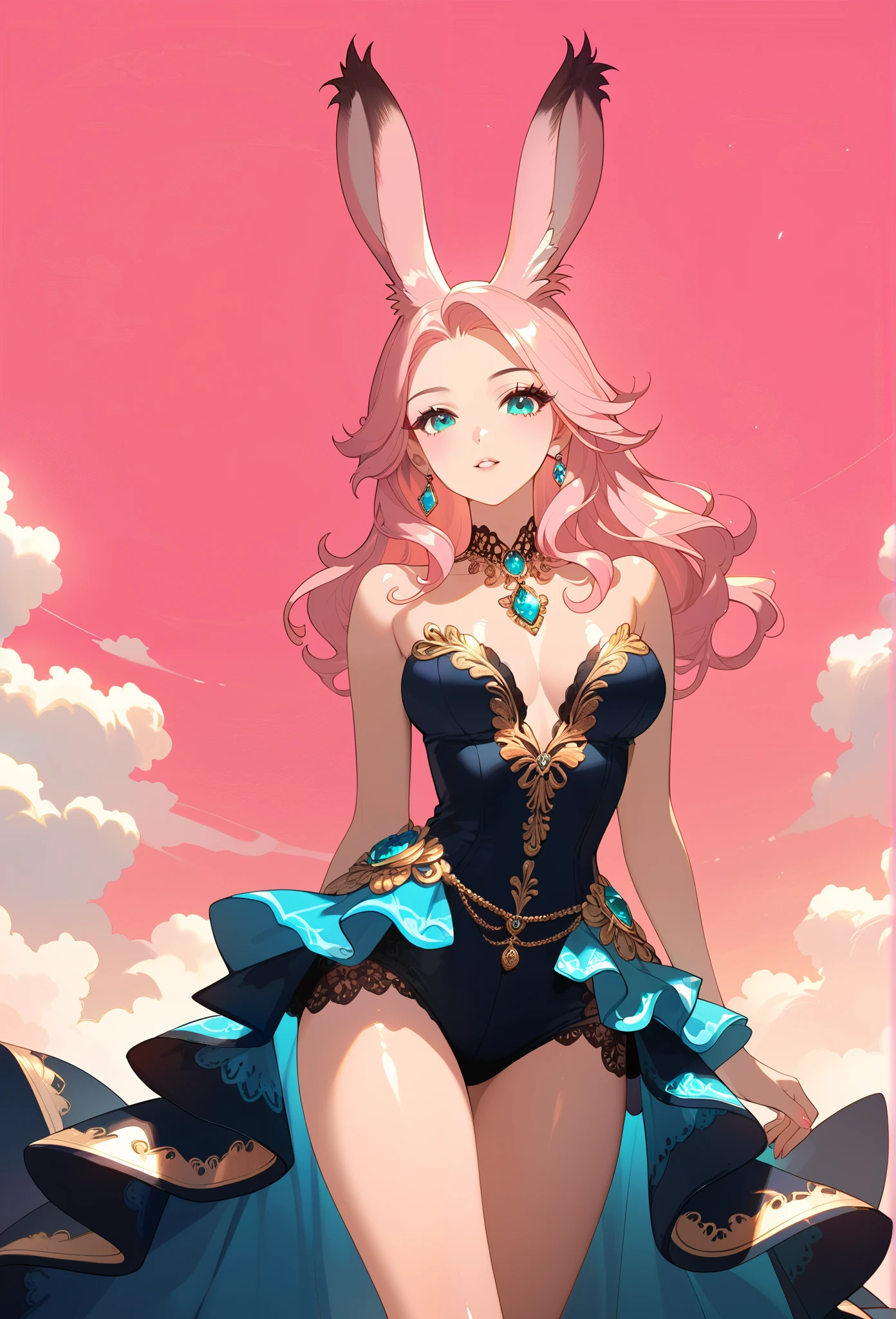 detailed   Aqua Eyes,  pink hair, (  Aqua Eyes),  official art, unity 8k wallpaper,  ultra detail,  beautiful and beautiful ,  Masterpiece,  top quality, 1 Viera girl, Huge ,  extremely detailed,  elegant,  vibrant colors, Romanticism,  behind the back of the arm,    shiny skin,  Sexy Poses, (( pink background)), facial blush ,  upper body,  straight, (Chest),  Perfect Thighs ,  standing,  casual,   funky graphic design,
