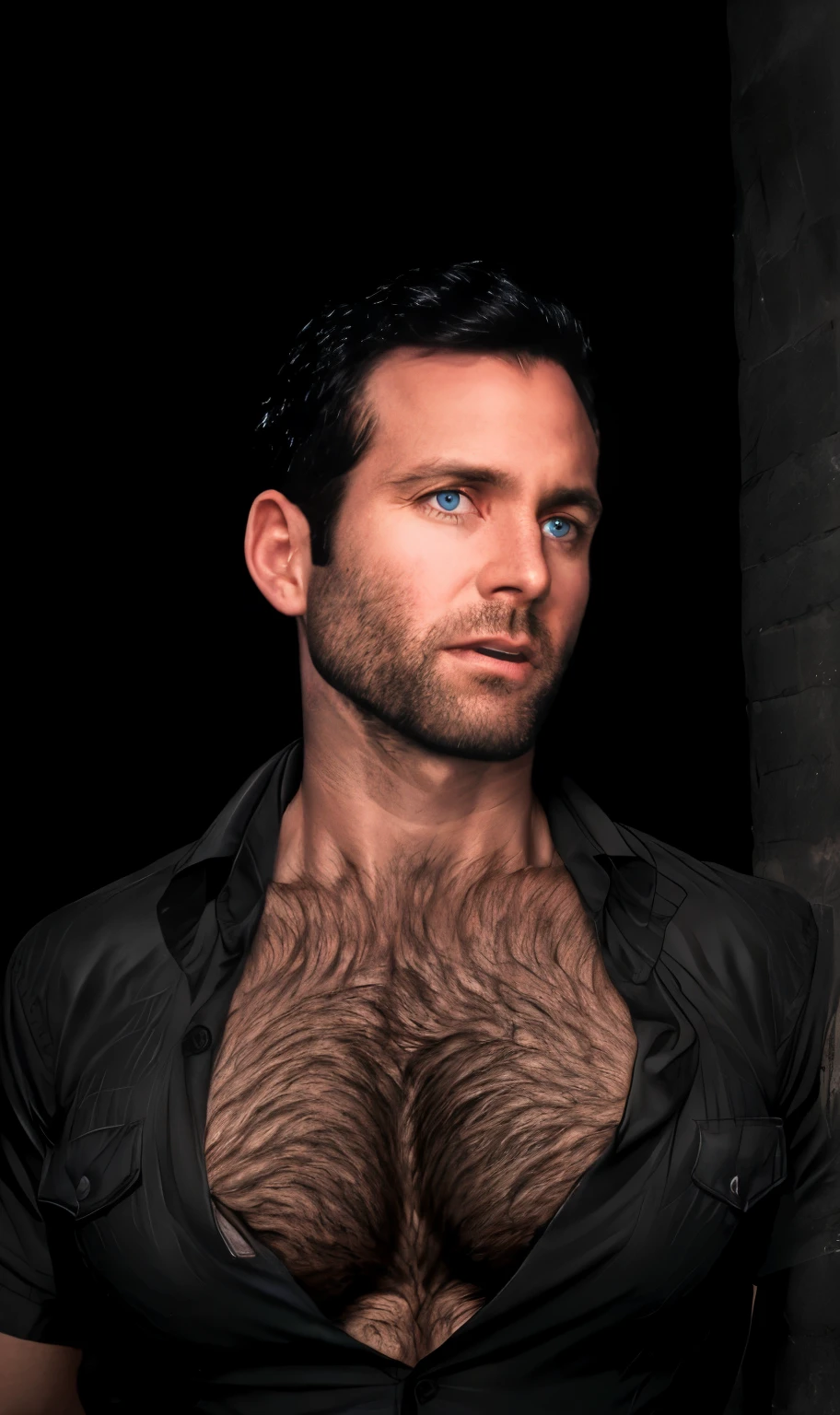 eionbailey, masterpiece, best quality, realistic, photorealistic, portrait photography, 1boy, 30 year-old male, highly detailed face and body, solo, upper body, perfect skin, black hair, (short hair:1.1), (parted hair:1.4), crew cut hairstyle, undercut hairstyle, fade hairstyle, buzz cut hairstyle, (extremely short hair:1.1), extremely handsome face, blue eyes, neutral expression, (clean shaven face:1.7), perfect face, (lean muscle:1.1), (thin:1.1), (slim:1.1), (slender:1.1), (skinny:1.1), (very muscular chest:1.2), (massive pectorals:1.9), huge biceps, very hairy, body hair, very hairy chest, dark chest hair, dense chest hair, hair on throat and neck, hair on and above collarbones, very hairy pectorals, very hairy abdominals, very hairy arms, dark arm hair, dense arm hair, extremely hairy forearms, hair on backs of hands, (black oxford shirt:1.6), (unbuttoned chest:1.7), (short sleeves:1.2), (very tight shirt:1.1), (black background:1.4)