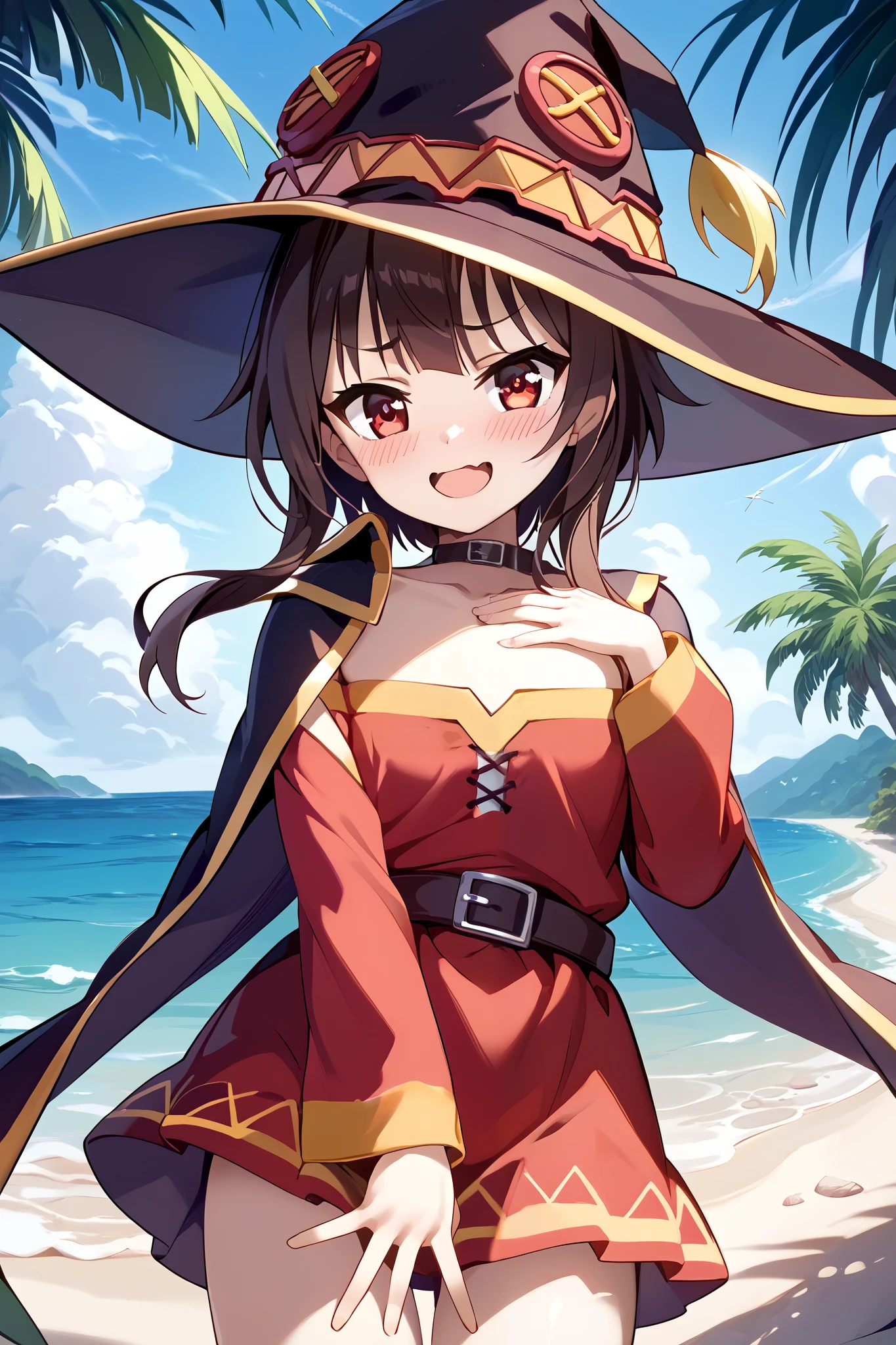 a girl wearing a witch hat、Megumin、Flirty anime The magic of witch chanting 、Put your butt on、 open your crotch、 embarrassed face、 Character Focus、 open your mouth、smile、 lean forward、 palm-sized breasts、KonoSuba、 anime style 4k、 Anime Moe Art Style 、 Cute Girl Anime Visual 、 red eyes、 beautiful background（Beautiful Beach ）whole body(Cheating anime witch whose hand grabs her chest)、 SHORT SKIRT 