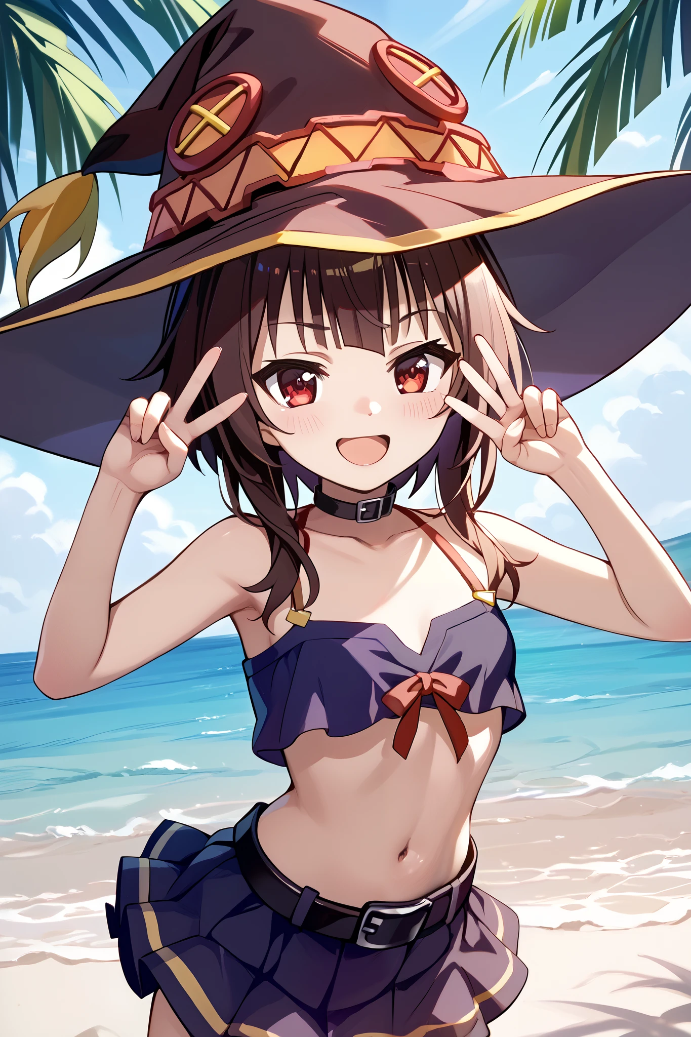 a girl wearing a witch hat、Megumin、Flirty anime The magic of witch chanting 、One-eyed wink、 peace sign、 Dynamic Poses 、 Character Focus、 open your mouth、smile、 lean forward、 palm-sized breasts、KonoSuba、 anime style 4k、 Anime Moe Art Style 、 Cute Girl Anime Visual 、 red eyes、 beautiful background(Beautiful Beach )whole body、 SHORT SKIRT