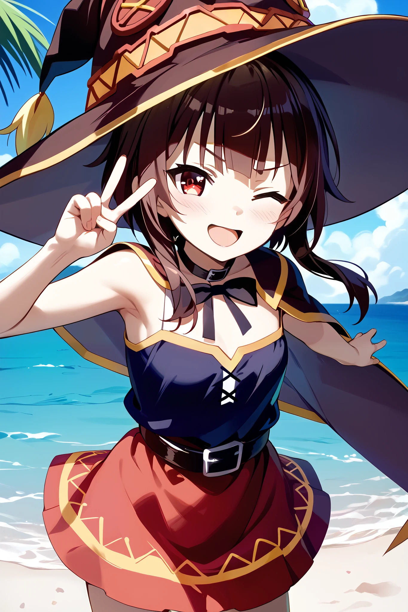 a girl wearing a witch hat、Megumin、Flirty anime The magic of witch chanting 、One-eyed wink、 peace sign、 Dynamic Poses 、 Character Focus、 open your mouth、smile、 lean forward、 palm-sized breasts、KonoSuba、 anime style 4k、 Anime Moe Art Style 、 Cute Girl Anime Visual 、 red eyes、 beautiful background(Beautiful Beach )whole body、 SHORT SKIRT