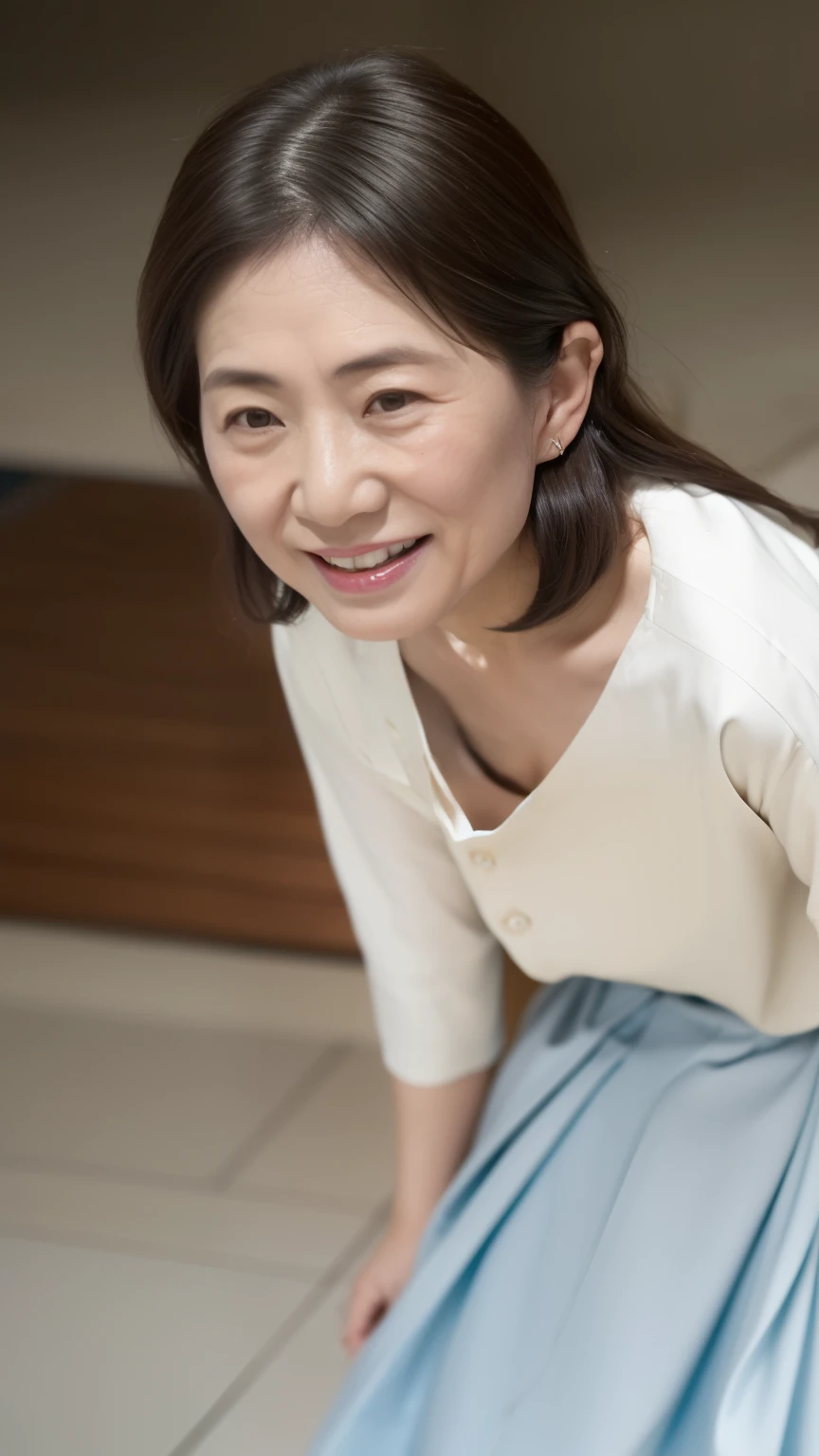 (( top quality)), ((8k)), (( Masterpiece:1.3)), ( perfect appearance), ( photorealism:1.2), (( woman standing in the middle of the city )), Japanese woman, (47 years old), Married Woman, ((High quality skin texture 1 .6)), ( Moisturized Skin ), facial wrinkles, (Wrinkles around the eyes:1.2), double eyelids, tears bags under her eyes , (Crying Kuroko:1.27), long hair, (ウェーブした long hair), (Hair over the ears), thin blouse with wide neckline, flared long skirt , smiles gently, ( rough skin appropriate for age :1.6), ( stands with legs shoulder-width apart ), high heels, ((whole body)), (Standing), vagina visible, ( ultra low angle:1.5), ( angle from directly below ),