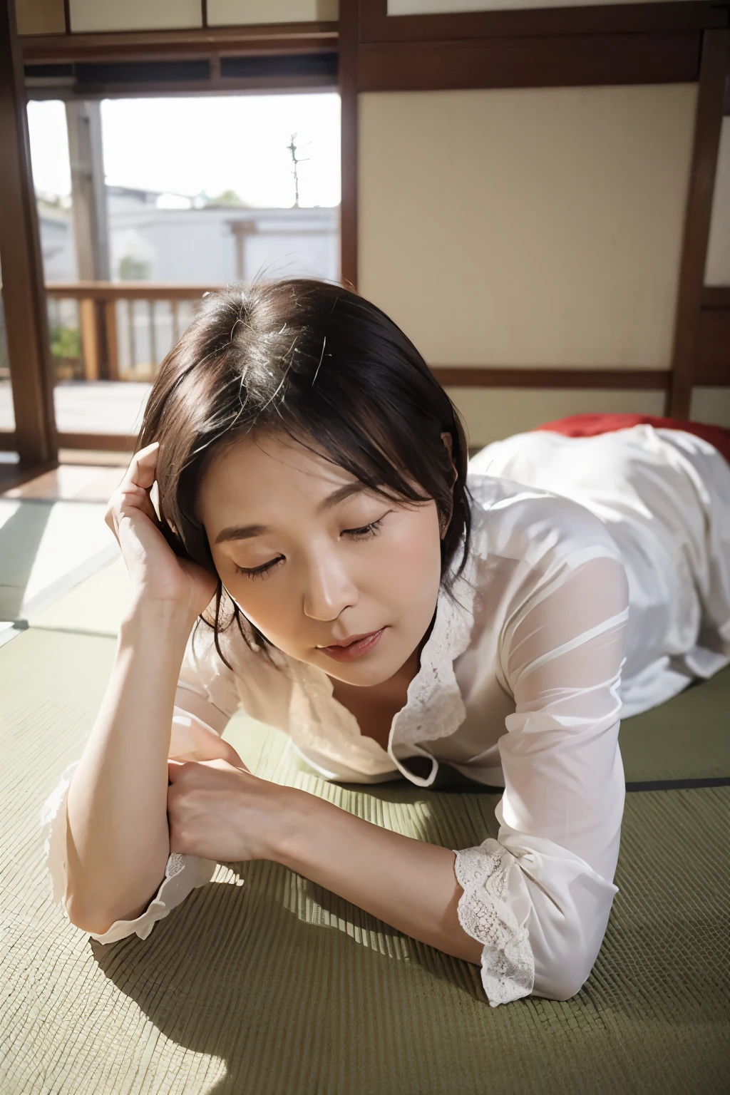 top quality、 Masterpiece、High sensitivity、 high resolution、 detailed explanation 、40housewife、glass、Take a nap in a Japanese-style room、 lies down、 close your eyes、defenseless、