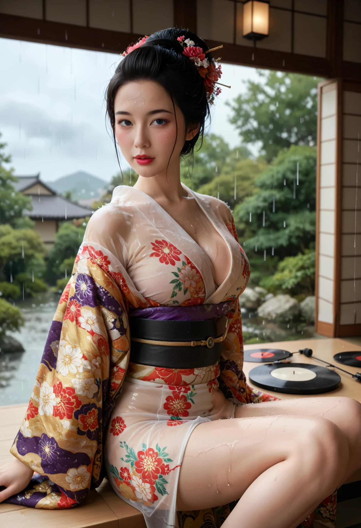  BEST QUALITY 、 high quality 、 highest resolution、 high resolution、8K quality、 high definition 、 Best Quality、  Masterpiece 、 movie-like images、 Immersive Footage 、 Very realistic looking image 、 realistic image 、  perfect detail 、  high contrast 、High fidelity、 Perfect photo、Close to reality、  images reproduced in detail down to the smallest detail、Detailed and realistic human body、Detailed and realistic human skin、 Detailed and realistic face、Detailed and realistic eyes、 Realistic lips drawn in detail 、 detailed and realistic teeth、Realistic ears、 Realistic hair 、(( Japanese model))､(( adult woman))、((Mature Woman))、((Adult face))、(( black hair))、((Big Breasts))、(( slim, perfectly mature body ))、((Full body glossy skin))､((Traditional Japanese Garden))、((Rain clouds spreading across the sky))、((Heavy rain weather))､(( downpour))、((Stormy wind and rain))、(((Colorful floral pattern( see-through kimono )))、(((Colorful floral pattern(Clear Vinyl Kimono )))､((( downpourの中でリラックス( beautiful posture)))、(((Drenched and wet skin all over )))、((Rain dripping from wet kimono ))、(((Her skin is clearly visible from under her wet kimono)))､((( raise one leg. Sexy Poses)))､(( subject close-up))