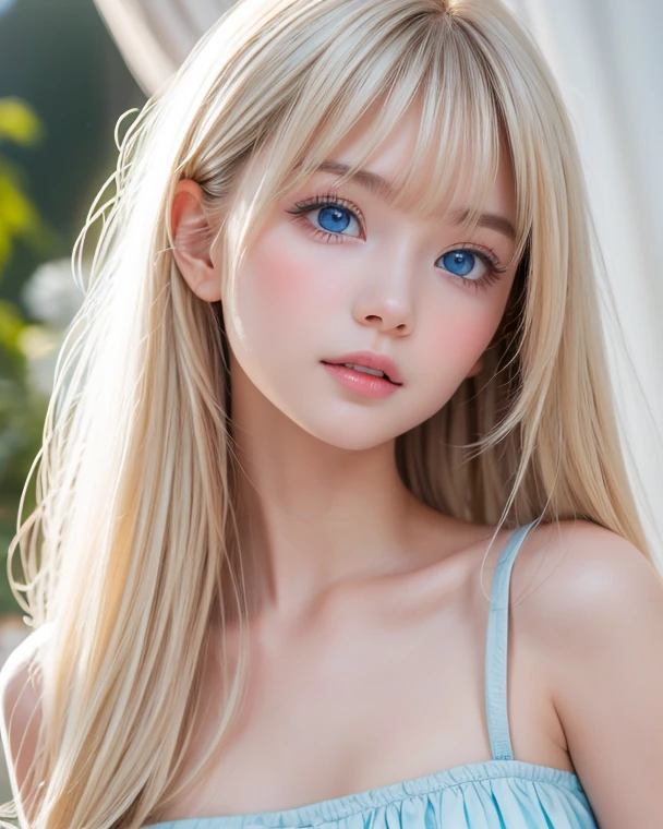 Dazzling golden shine、Silky baby blonde fine hair、ponytail、Super long straight hair、Hitting the face and front of the eyes、bright, Very beautiful pale marine blue eyes、Sheer white and wet nightgown、Nordic youth、Perfect body、White beautiful skin、Glowing Skin、Small Face Beauty、Baby Face、Young and beautiful skin、Perfect beautiful little face、bright makeup、Cheek gloss、Gloss Face、Very beautiful face、Pale pink lips、bright表情、A very cute 16 year old girl、Unbuttoned shirt、lipstick、Deceptive advertising、{vapor}、Viewer's vision、Golden Hour Lighting、Bokeh Atmosphere Perspective、detailedな動画 ライト、Intricate details、High resolution、フェイスデザインのdetailedな特徴、detailed、Clear focus、Smoothness、aesthetics、Printed、Octane、masterpiece、