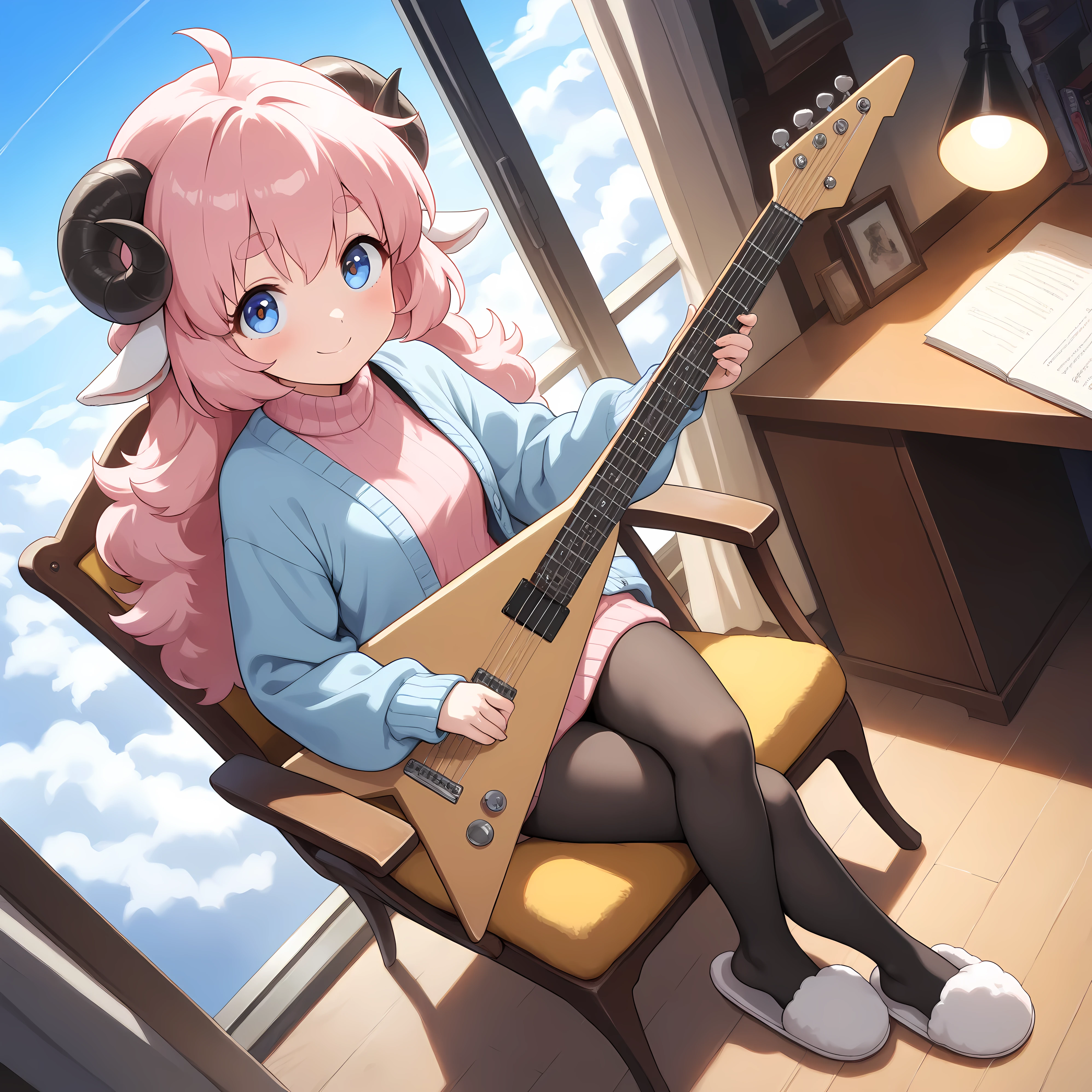 (masterpiece, best quality, extremely detailed, absurdres, very aesthetic), full body:1.5, from above:1.5, Playing the Flying V guitar, Legs crossed, Sitting in a chair(highly detailed background, lighting), (sheep girl\super detailed skin, detailed beautiful face and eyes, Big and soft anime eyes, Thick eyebrows:1.1,Fluffy long hair like a sheep's wool, pink hair, Each and every strand of hair is depicted in detail, Sheep's round horns, smile), (pink one-piece sweater, Sky blue cardigan, Black tights, slippers) BREAK Natural elements, fantastical features, light and shadow effects, color and atmosphere